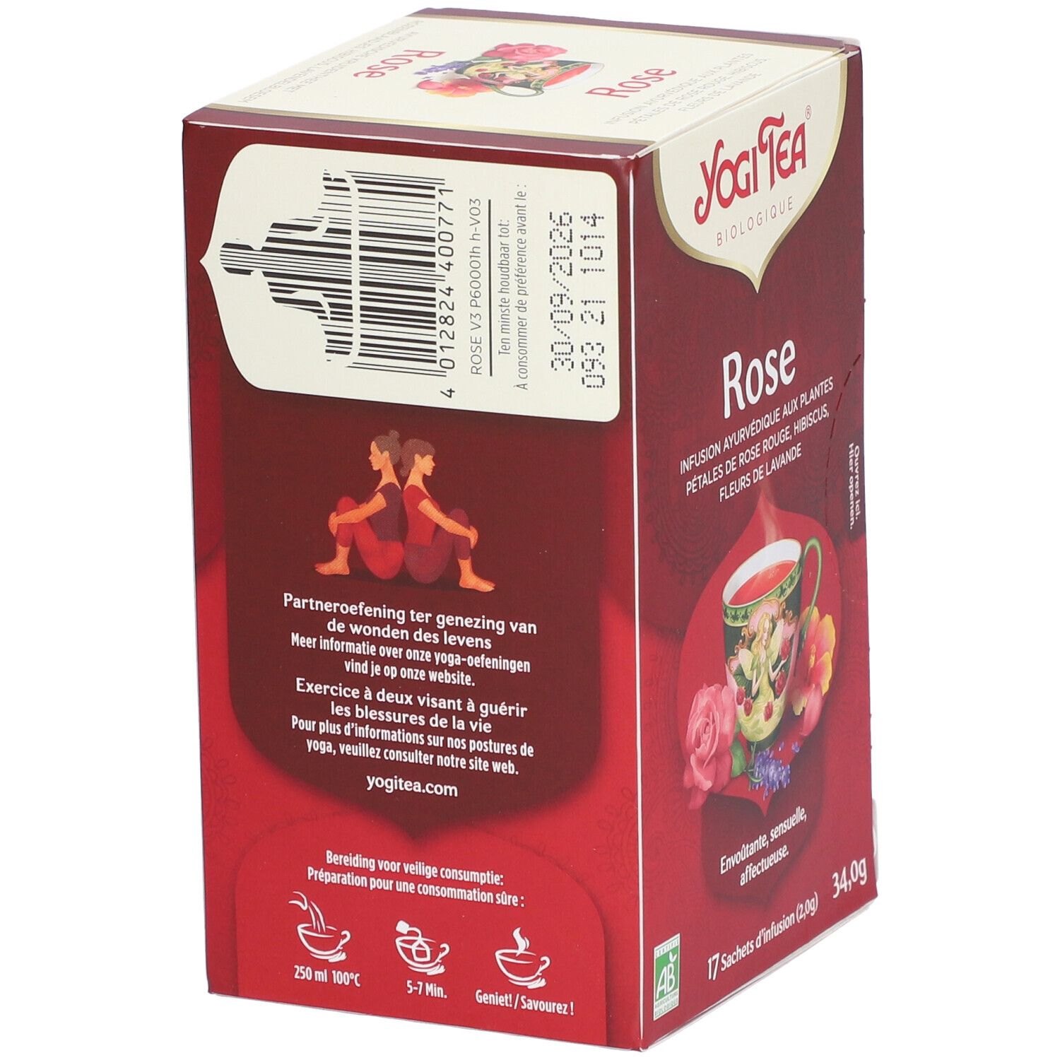 Rückseite der Yogi Tea® Rose-Verpackung. Barcode, Yoga-Illustration, Zubereitungshinweise und Yogi Tea-Logo.