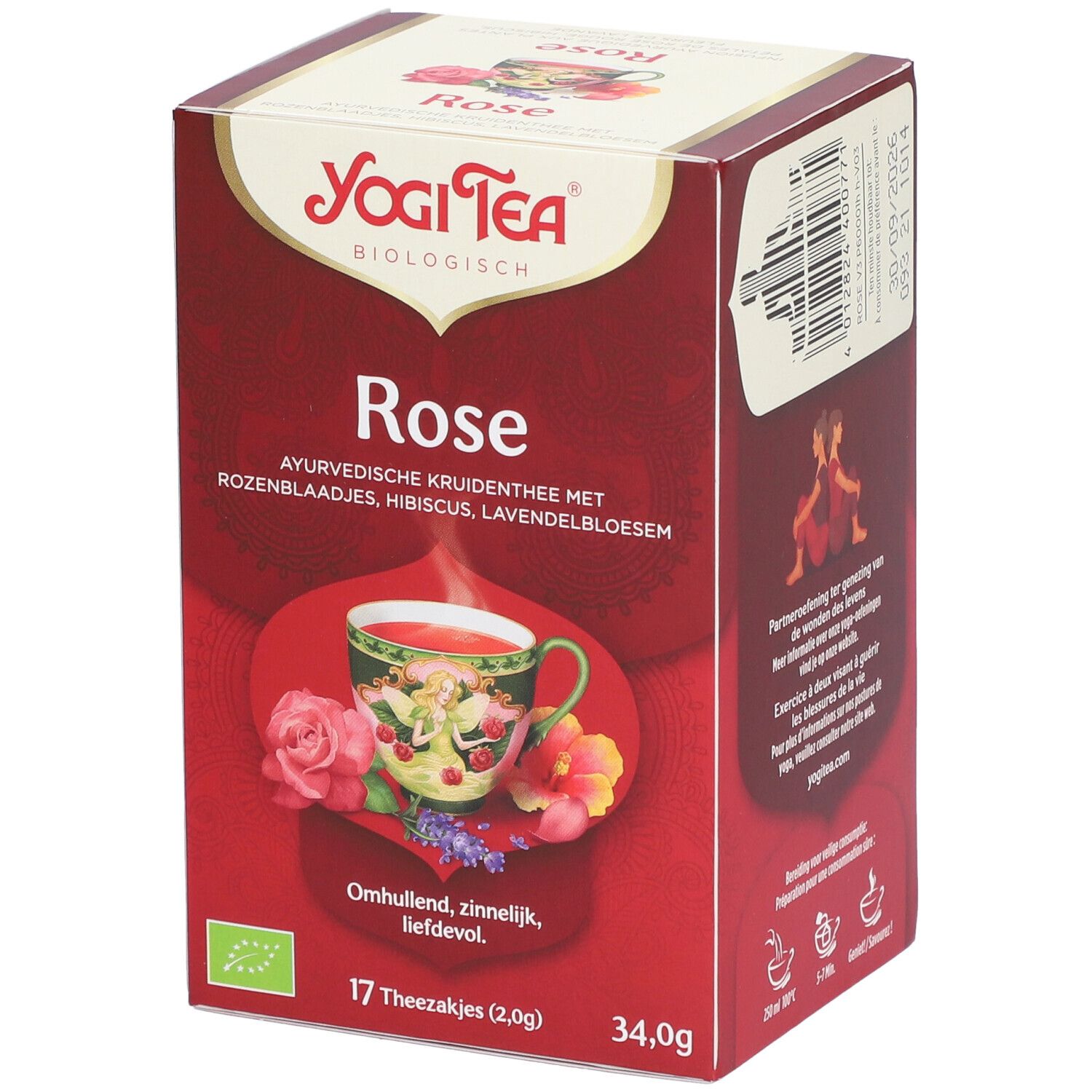 Yogi Tea® Rose-Verpackung. Rote Schachtel mit Produktnamen, floraler Illustration und 17 Teebeuteln. Bio-Siegel.