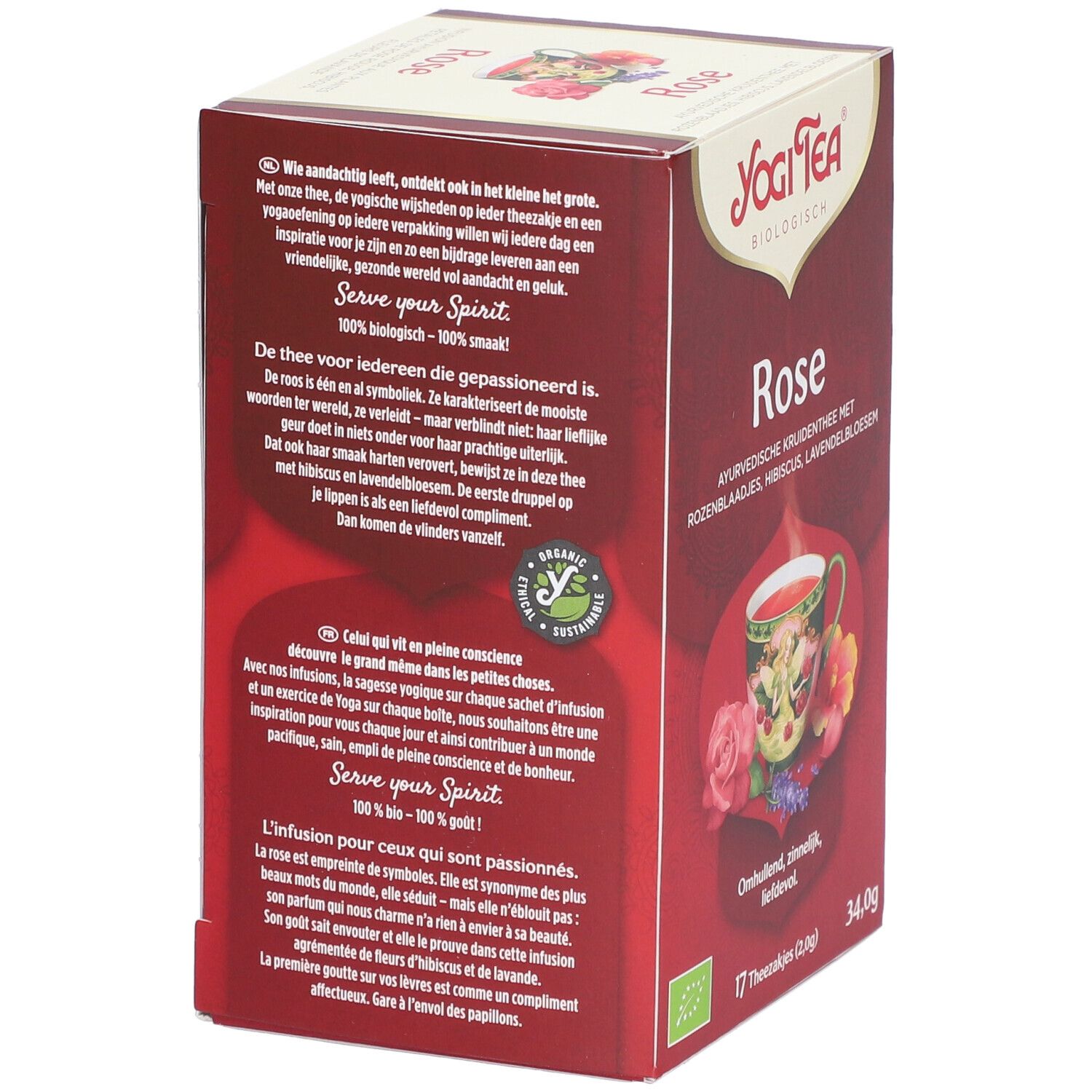 Rückseite der Yogi Tea® Rose-Verpackung. Text über die Inhaltsstoffe und das Bio-Siegel.