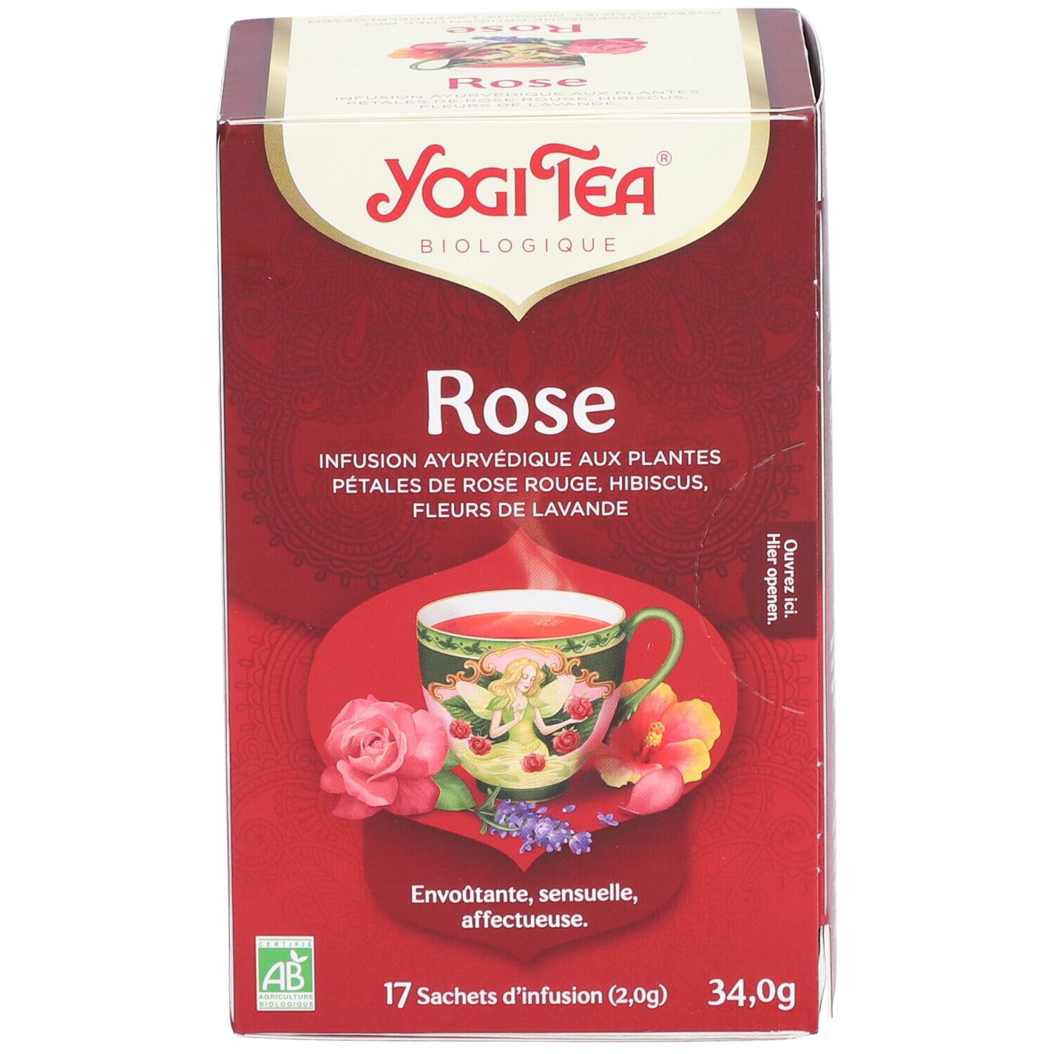 Yogi Tea® Rose-Verpackung. Rote Schachtel mit Produktnamen, floraler Illustration und 17 Teebeuteln. AB-Bio-Siegel.