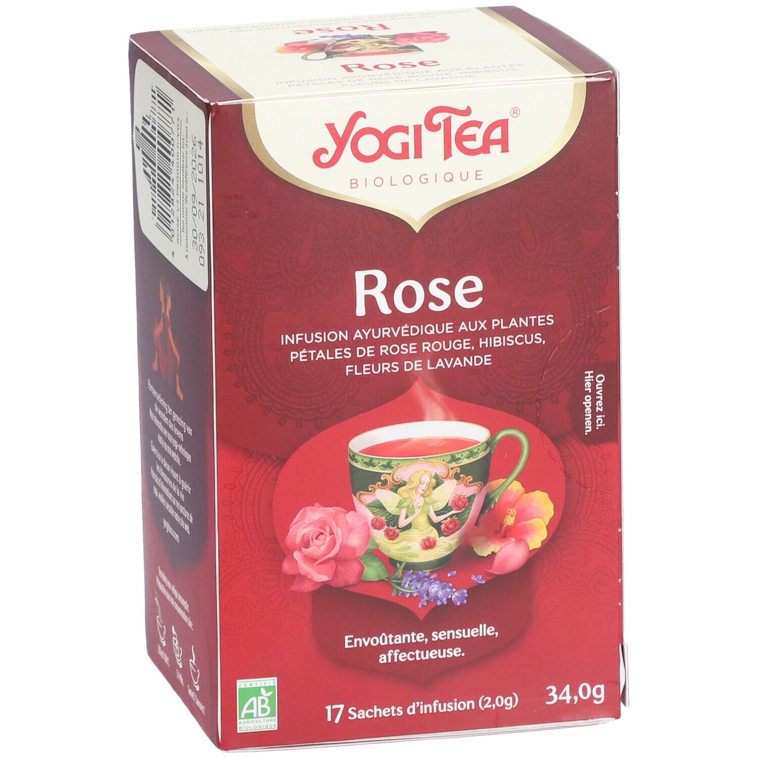 Yogi Tea® Rose-Verpackung. Rote Schachtel mit Produktnamen, floraler Illustration und 17 Teebeuteln. AB-Bio-Siegel.