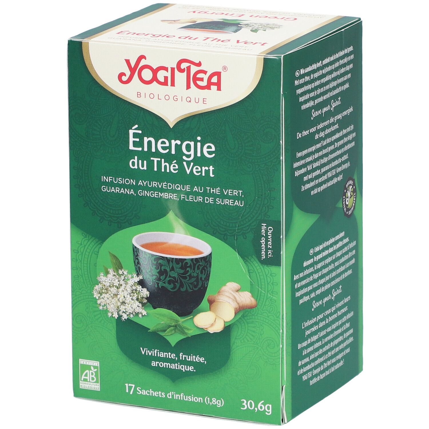 Boîte de thé vert Yogi Tea, Energie du Thé Vert, 17 sachets, 30,6g. Avec gingembre, fleur de sureau, guarana. Label AB.