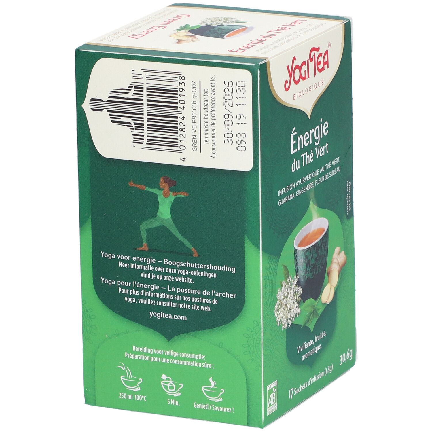 Dos de la boîte de thé. Yogi Tea, Energie du Thé Vert. Informations sur le yoga et la préparation. Code-barres et date limite.