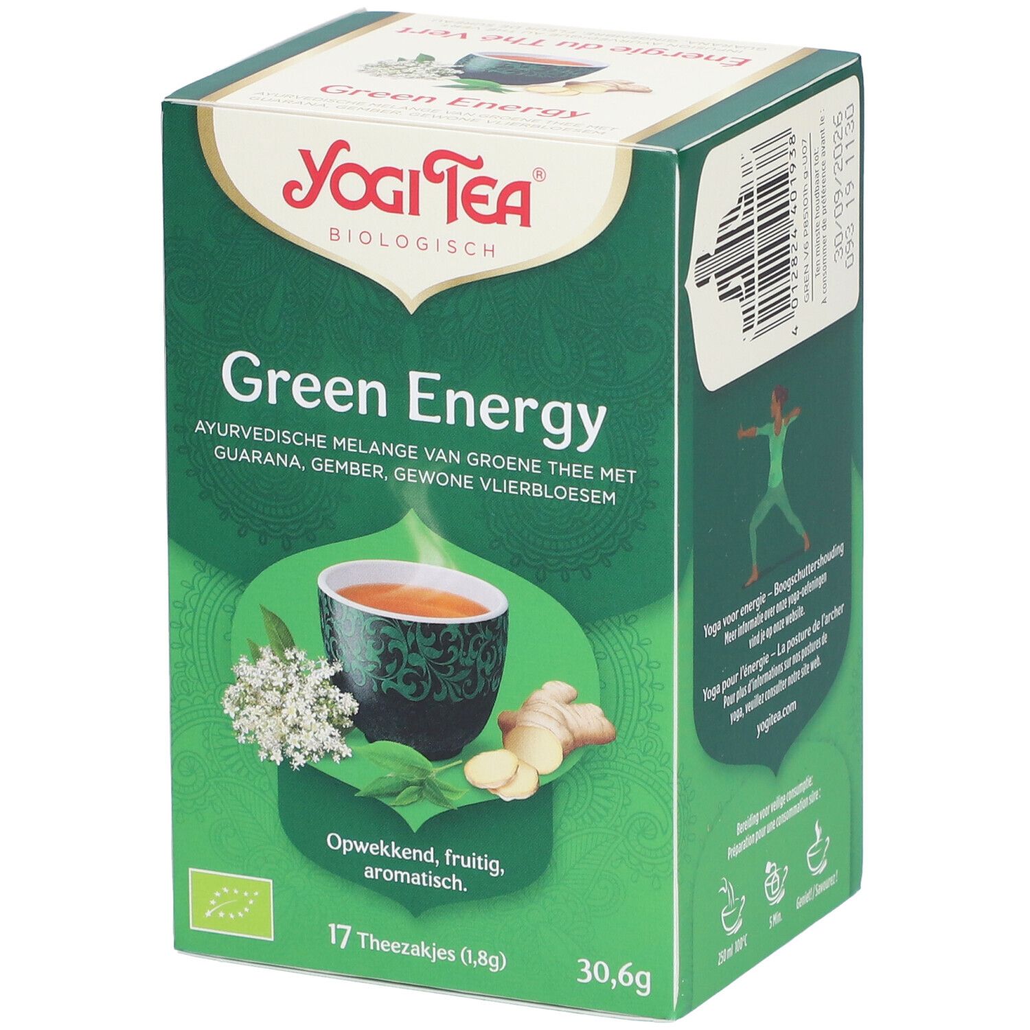 Boîte de thé vert Yogi Tea, Green Energy, 17 sachets, 30,6g. Avec gingembre, fleur de sureau, guarana. Label bio.
