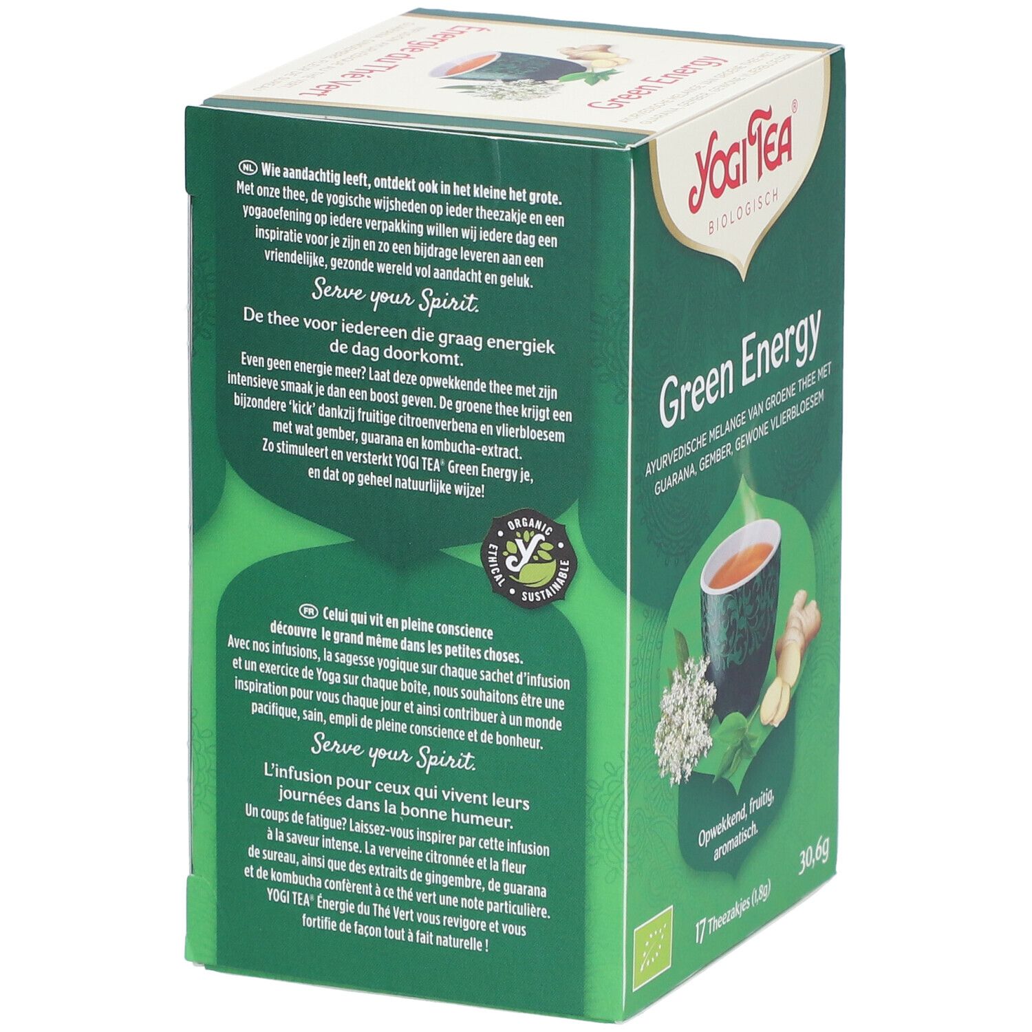Dos de la boîte de thé. Yogi Tea, Green Energy. Informations sur la préparation du thé et le yoga. Label bio.