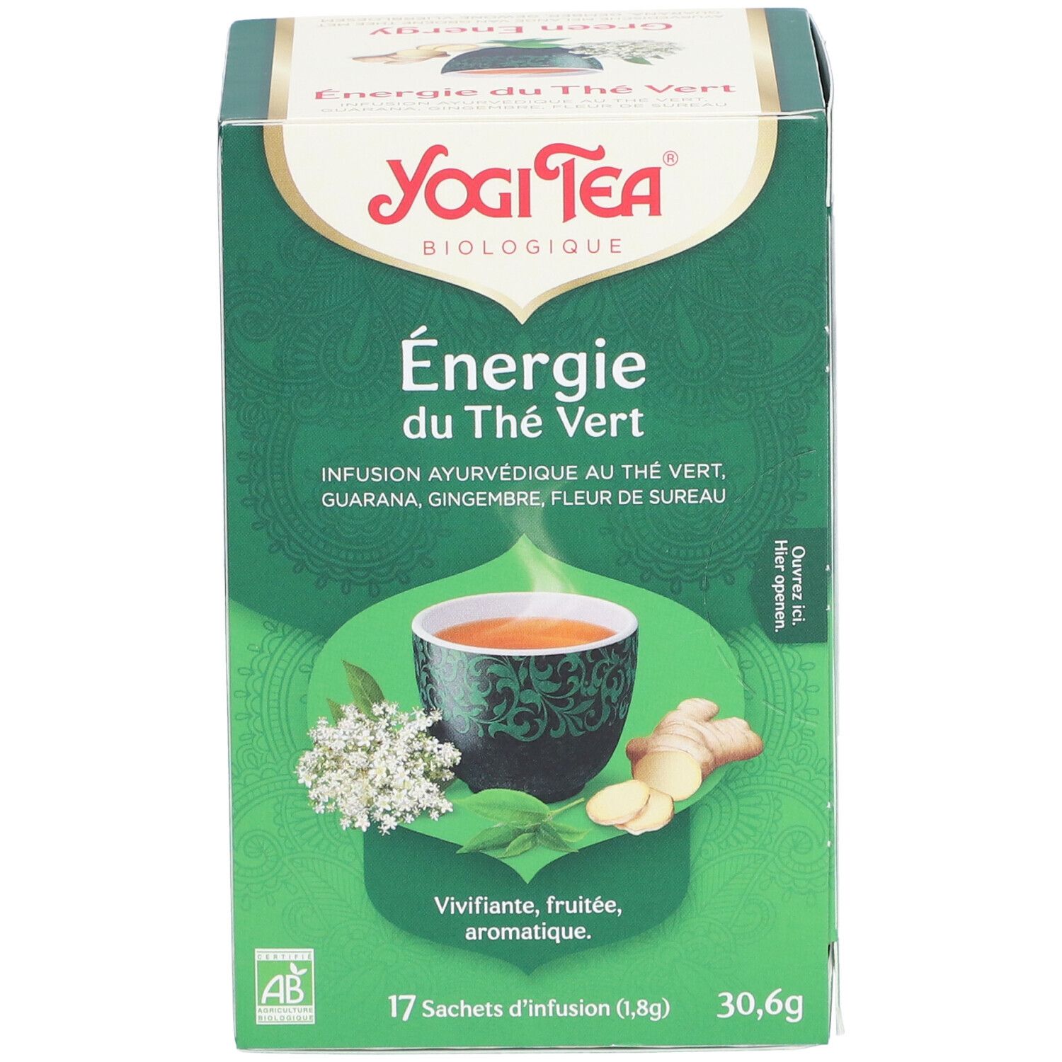Boîte de thé vert Yogi Tea, Energie du Thé Vert, 17 sachets, 30,6g. Avec gingembre, fleur de sureau, guarana. Label AB.