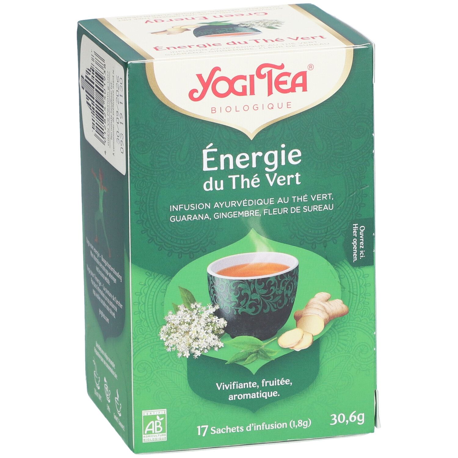 Boîte de thé vert Yogi Tea, Energie du Thé Vert, 17 sachets, 30,6g. Avec gingembre, fleur de sureau, guarana. Label AB.