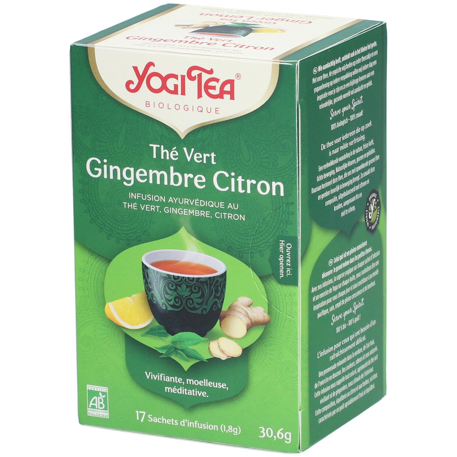 Grüner Tee Ingwer Zitrone Box. Yogi Tea Logo. 17 Beutel, 30,6g. Abbildung von Tee, Zitrone, Ingwer. AB-Bio-Siegel.