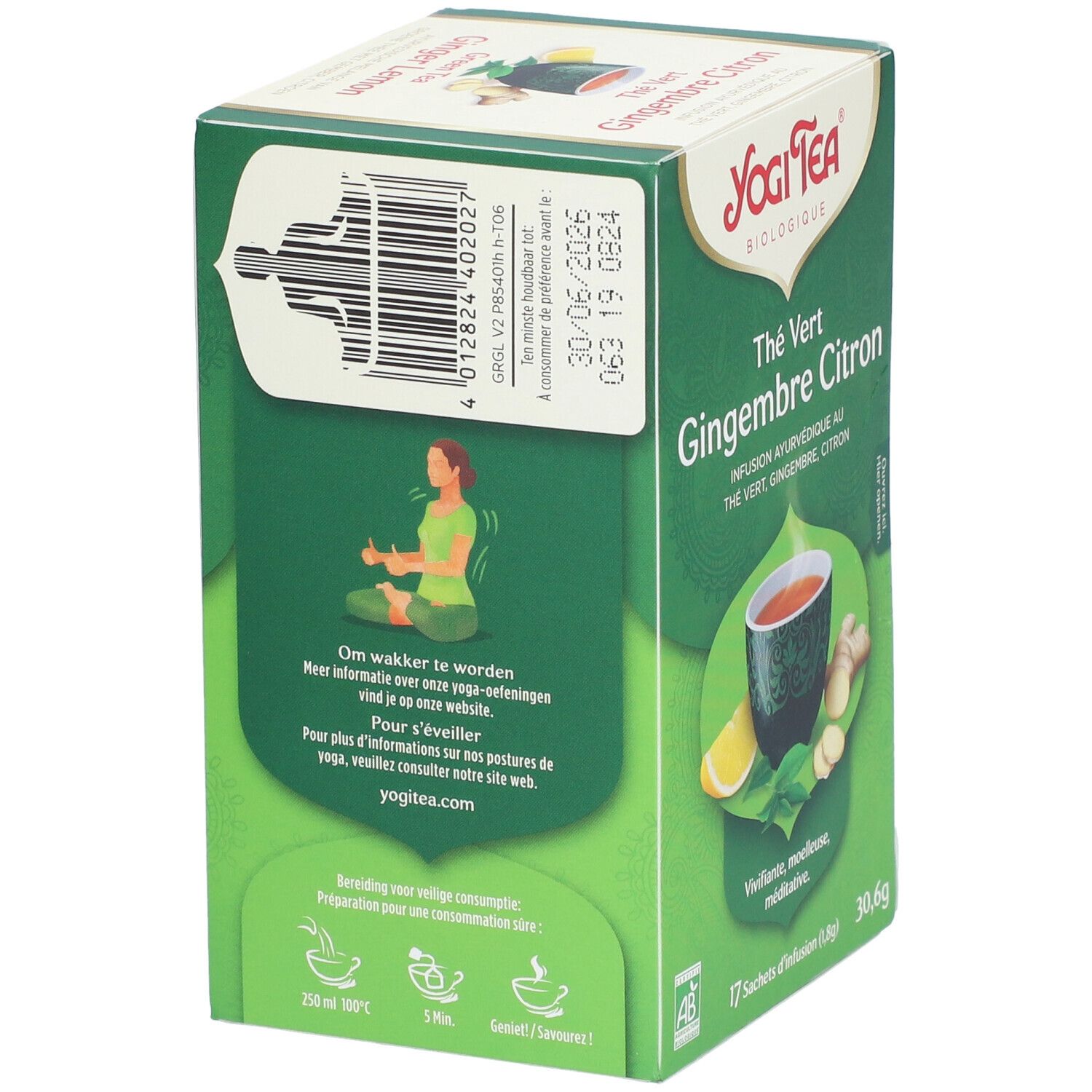 Rückseite der Tee-Box. Yogi Tea, Grüner Tee Ingwer Zitrone. Barcode, Haltbarkeitsdatum. Abbildung einer Person beim Yoga.