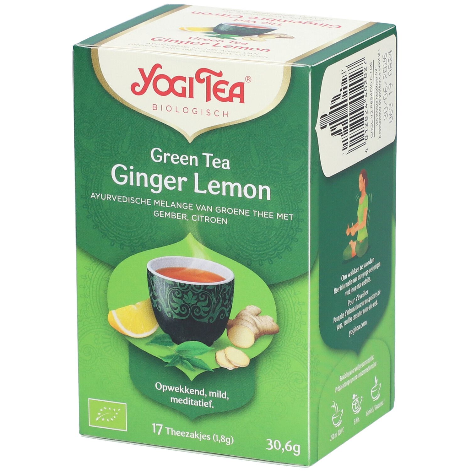 Grüner Tee Ingwer Zitrone Box. Yogi Tea Logo. 17 Teebeutel, 30,6g. Abbildung von Tee, Zitrone, Ingwer. EU Bio-Logo.