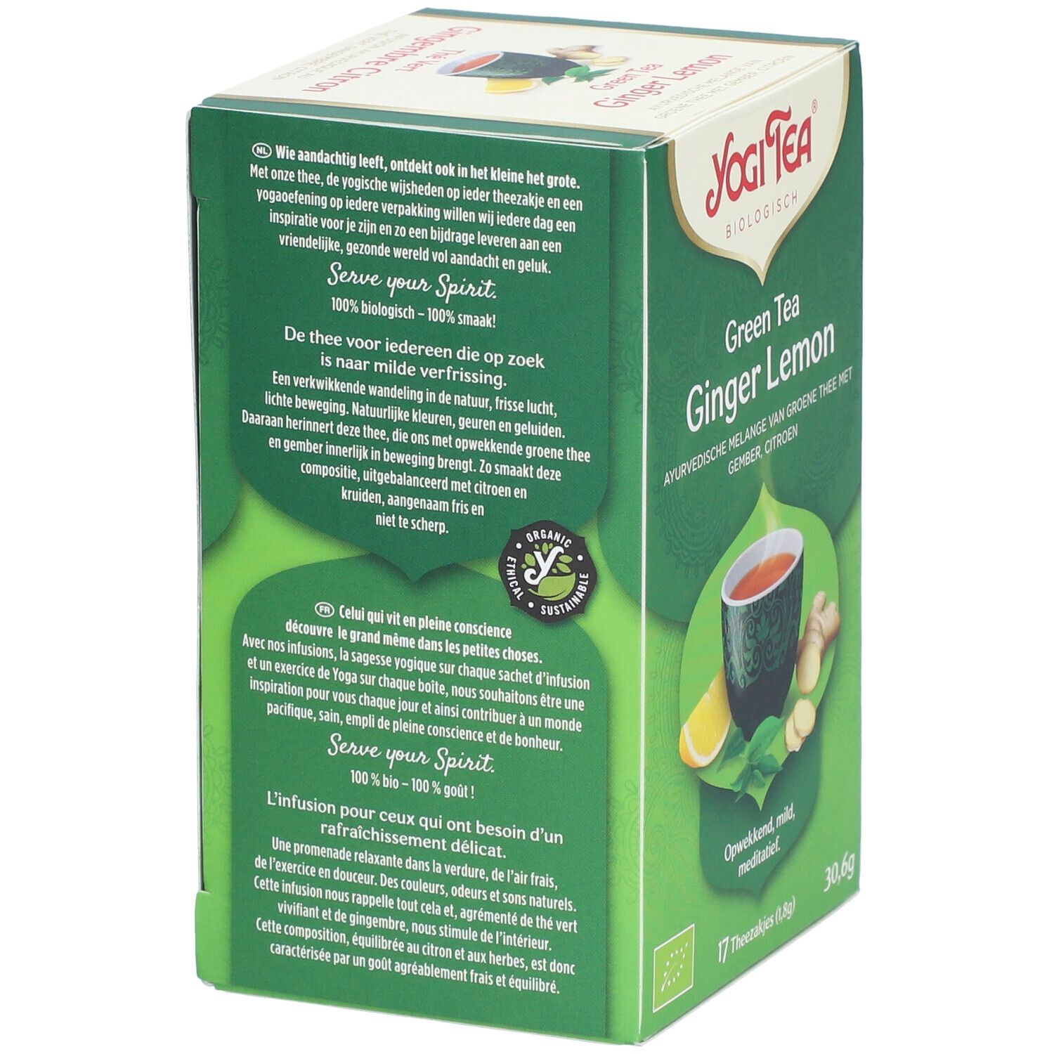 Rückseite der Tee-Box. Yogi Tea, Grüner Tee Ingwer Zitrone. EU Bio-Logo. Text über Tee und Achtsamkeit.