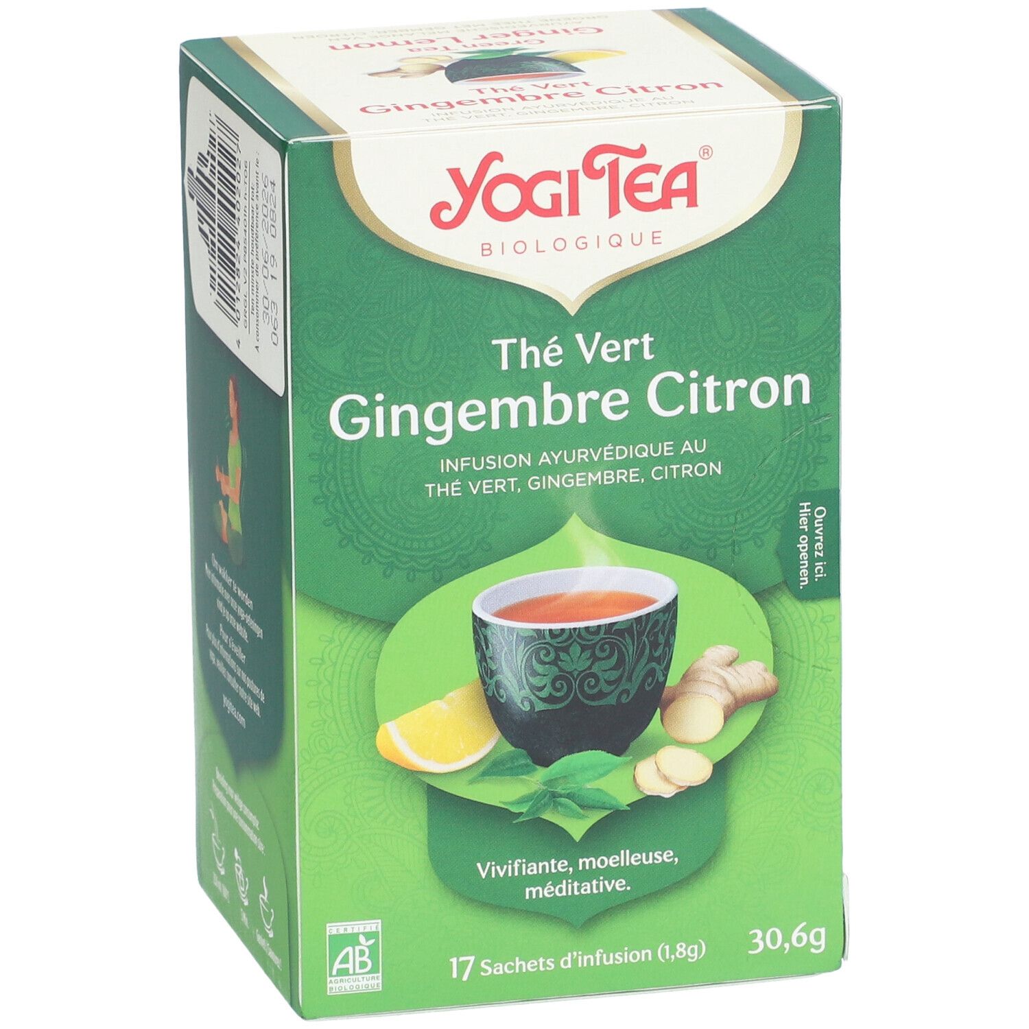 Grüner Tee Ingwer Zitrone Box. Yogi Tea Logo. 17 Beutel, 30,6g. Abbildung von Tee, Zitrone, Ingwer. AB-Bio-Siegel.