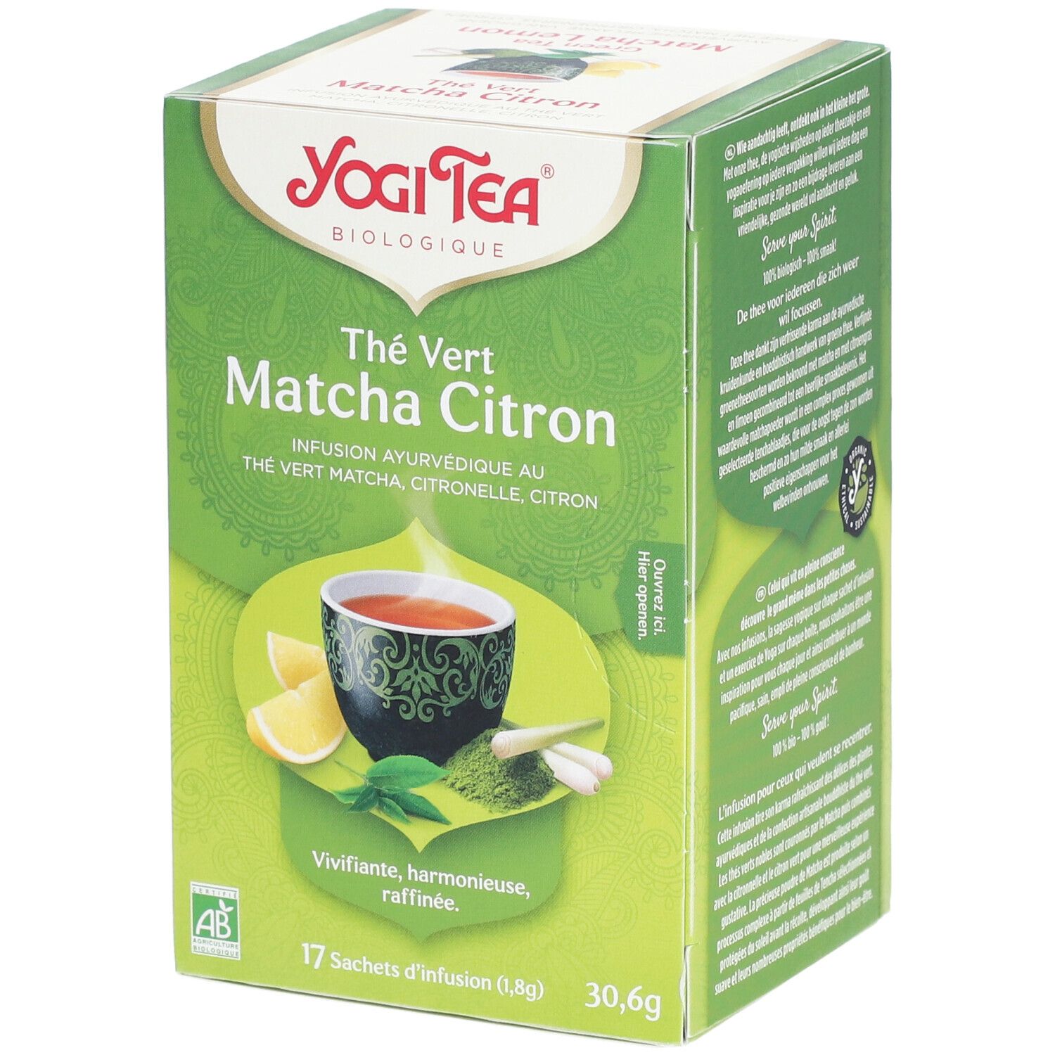 Grüne Schachtel mit Yogi Tea Thé Vert Matcha Zitrone. Logo, Produktname, Abbildung von Teebecher, Zitrone und Kräutern.