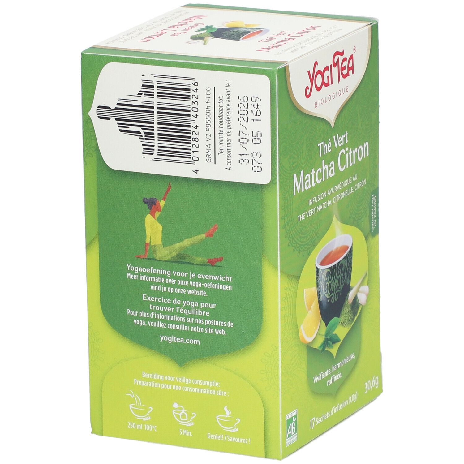 Rückseite der grünen Yogi Tea Thé Vert Matcha Zitrone Schachtel. Barcode, Text, Illustration einer Yoga-Übung, und Produktabbildung.