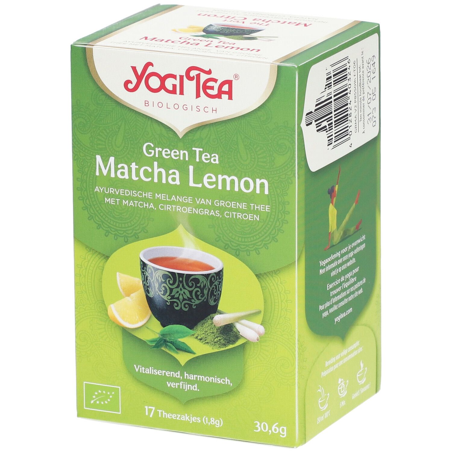 Grüne Schachtel mit Yogi Tea Green Tea Matcha Lemon. Logo, Produktname, Abbildung von Teebecher, Zitrone und Kräutern. Bio-Zertifizierung.