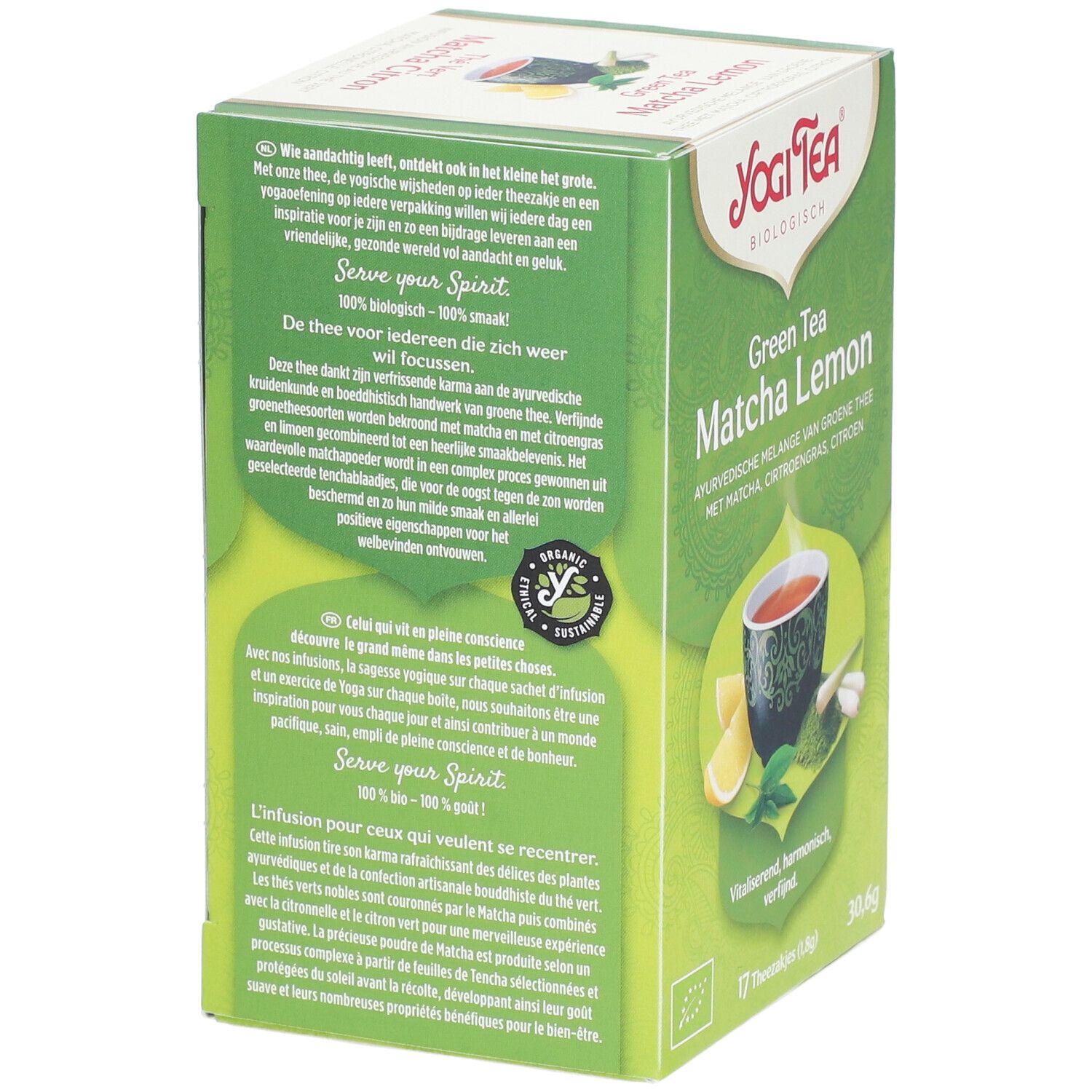 Rückseite der grünen Yogi Tea Green Tea Matcha Lemon Schachtel. Text, Illustration, Bio-Zertifizierung und Produktabbildung.