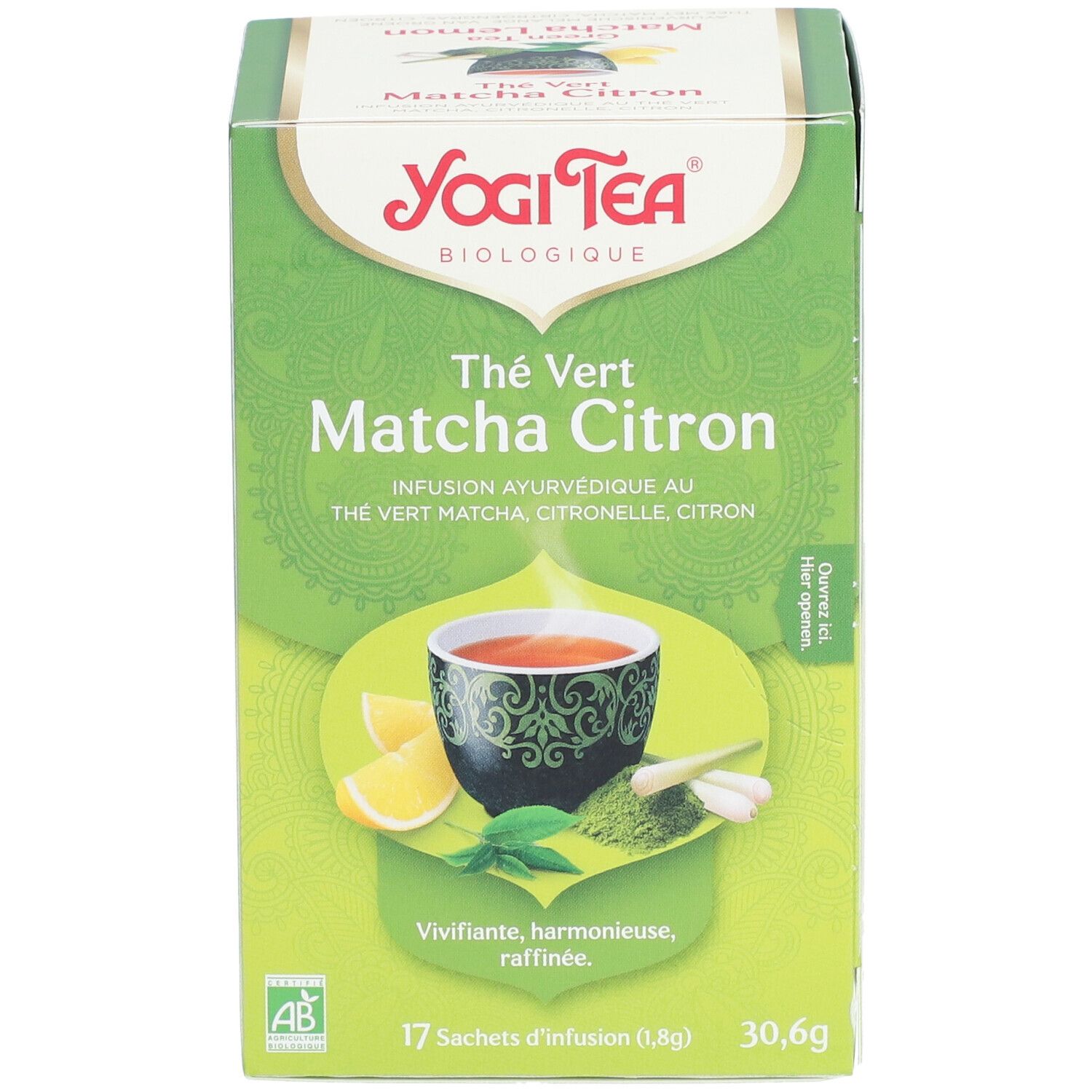 Grüne Schachtel mit Yogi Tea Thé Vert Matcha Zitrone. Logo, Produktname, Abbildung von Teebecher, Zitrone und Kräutern. AB-Zertifizierung.