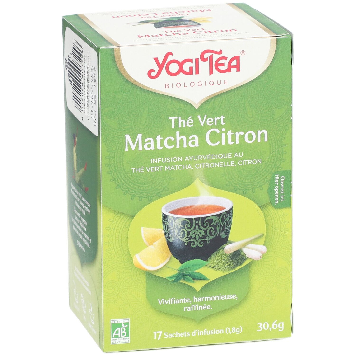 Grüne Schachtel mit Yogi Tea Thé Vert Matcha Zitrone. Logo, Produktname, Abbildung von Teebecher, Zitrone und Kräutern. AB-Zertifizierung.