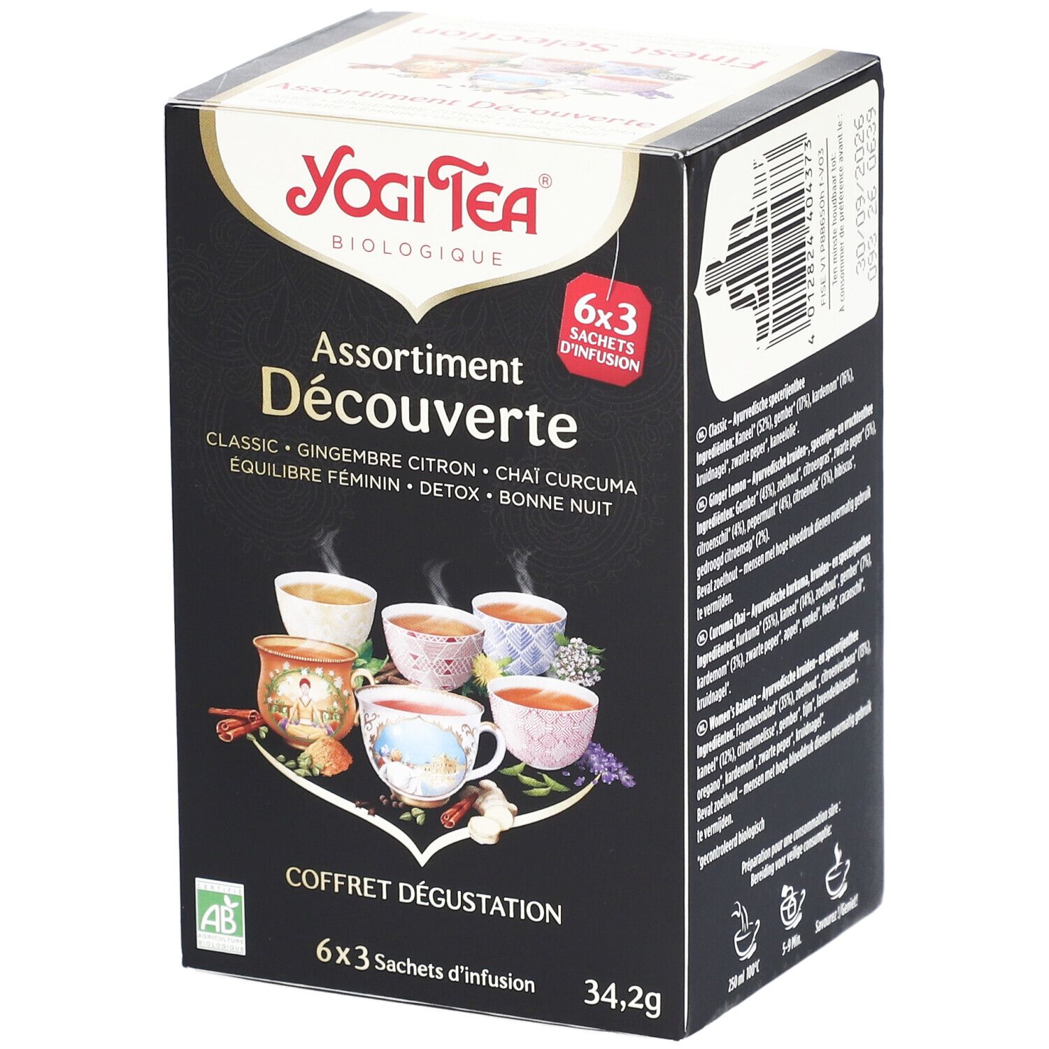 Boîte noire Yogi Tea® 'Assortiment Découverte'. Contient 6x3 sachets d'infusion. Certification biologique.