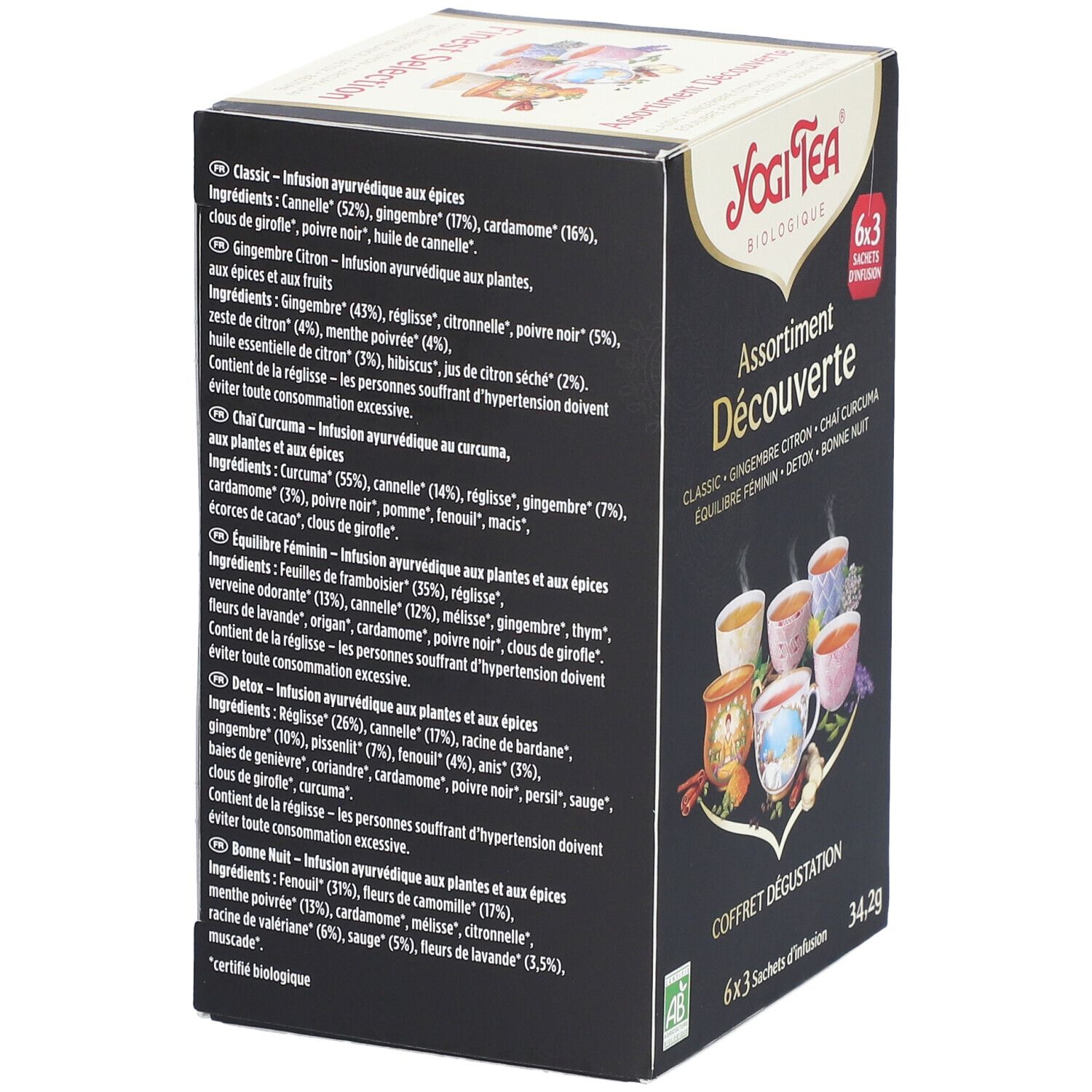 Dos de la boîte Yogi Tea® 'Assortiment Découverte'. Texte avec listes d'ingrédients et informations. Certification biologique.