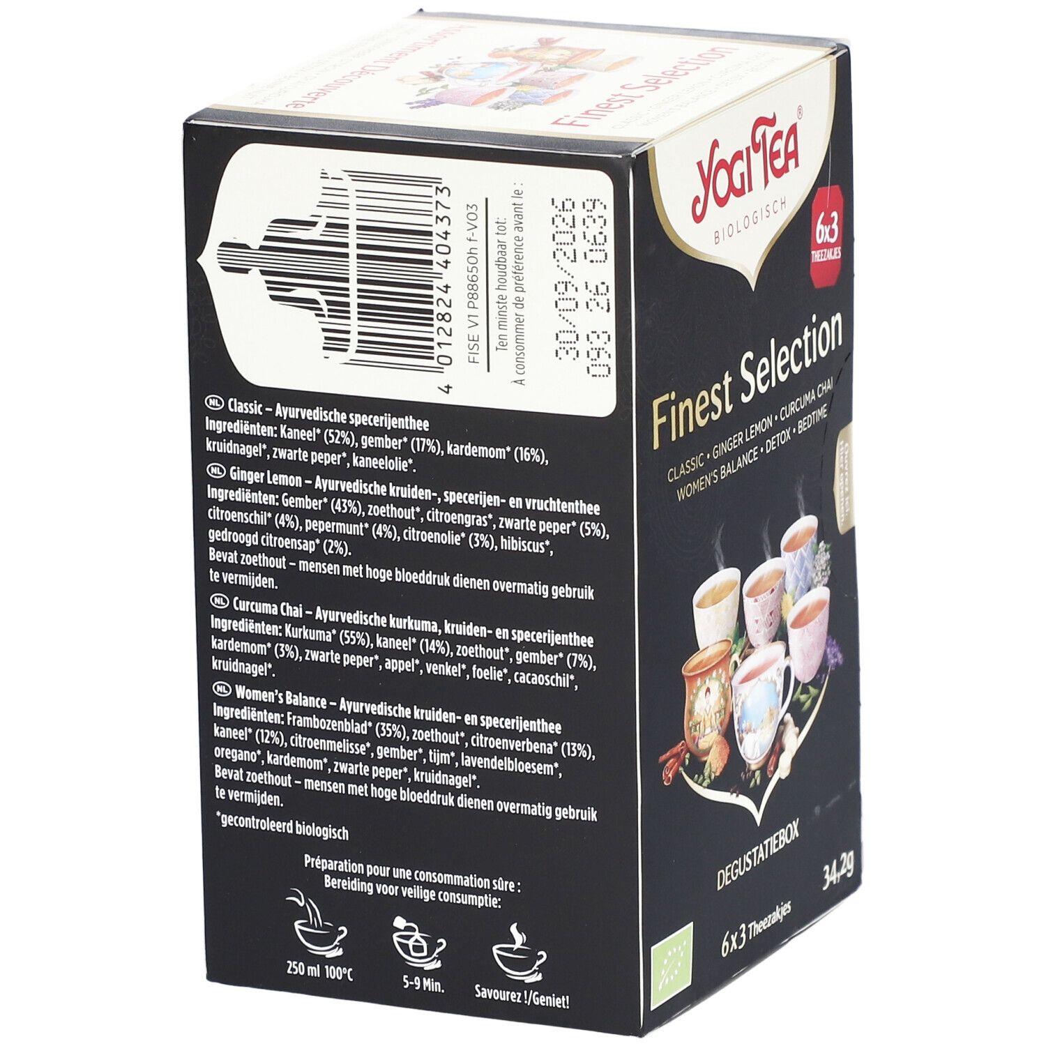 Dos de la boîte Yogi Tea® 'Finest Selection'. Texte avec listes d'ingrédients et instructions. Certification biologique.