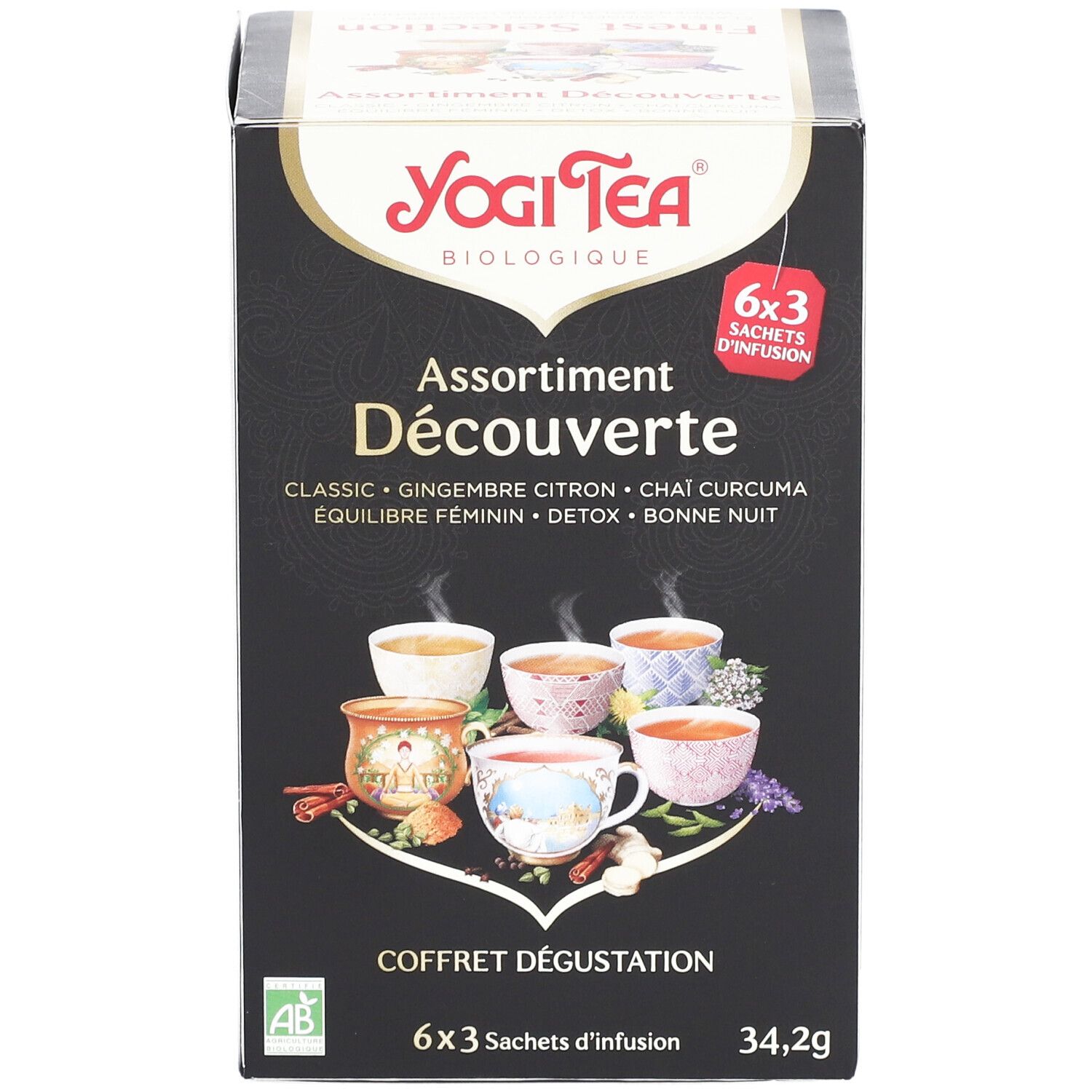 Boîte noire Yogi Tea® 'Assortiment Découverte'. Contient 6x3 sachets d'infusion. Certification biologique.
