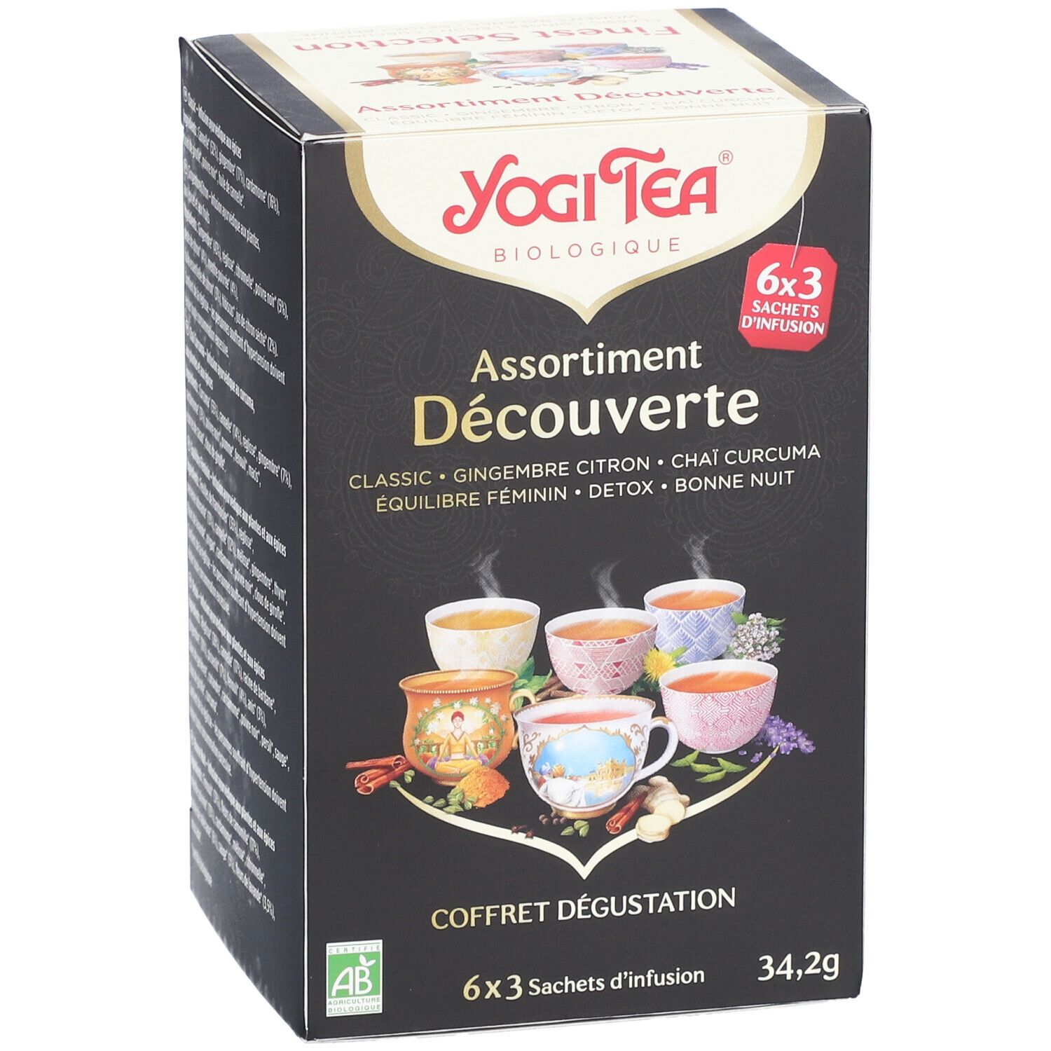 Boîte noire Yogi Tea® 'Assortiment Découverte'. Contient 6x3 sachets d'infusion. Certification biologique.