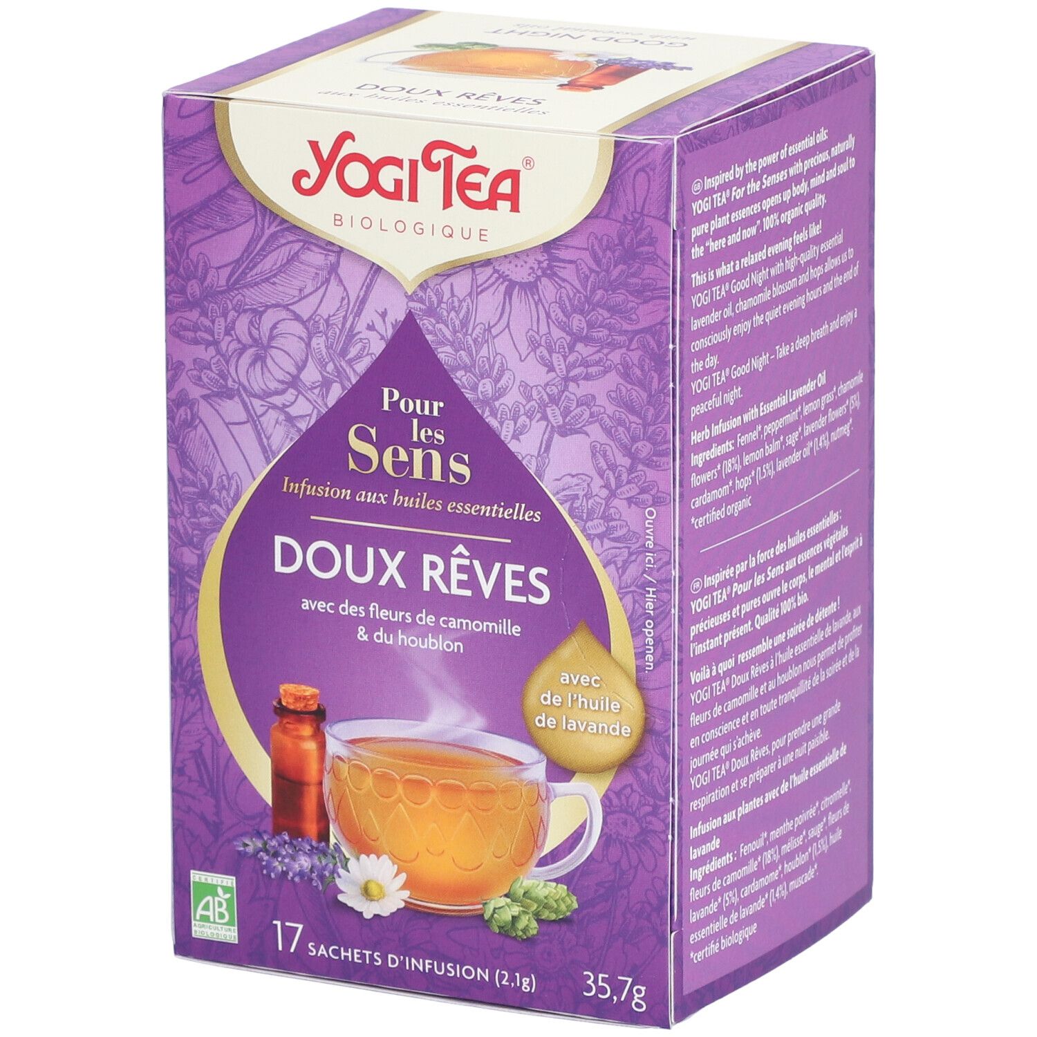Paarse Yogi Tea® doos. Opschrift: Pour les Sens, Doux Rêves, 17 zakjes. Kamillebloemen & hop. Met lavendelolie.