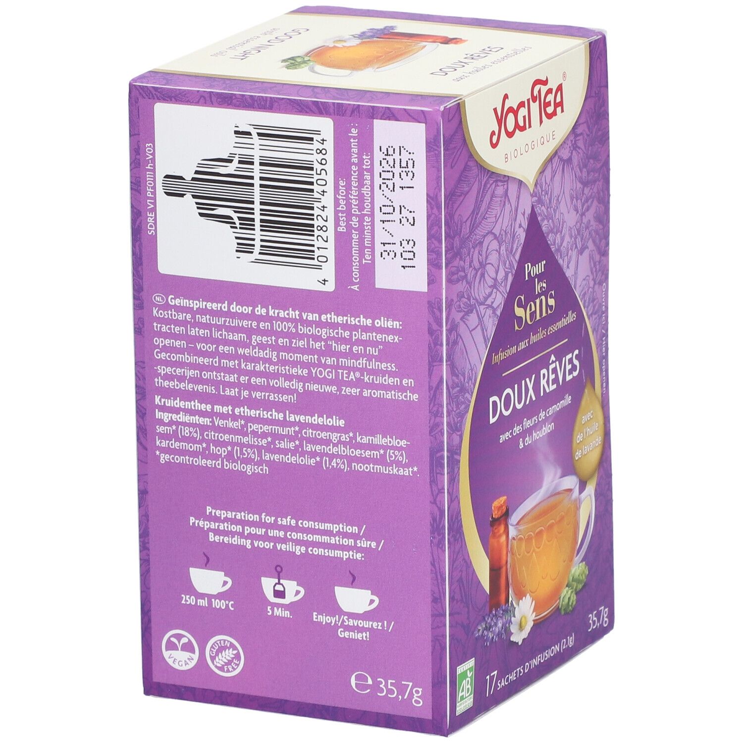 Paarse Yogi Tea® doos, achterkant met tekst en barcode. Ingrediënten en bereiding. 17 zakjes, 35,7g.