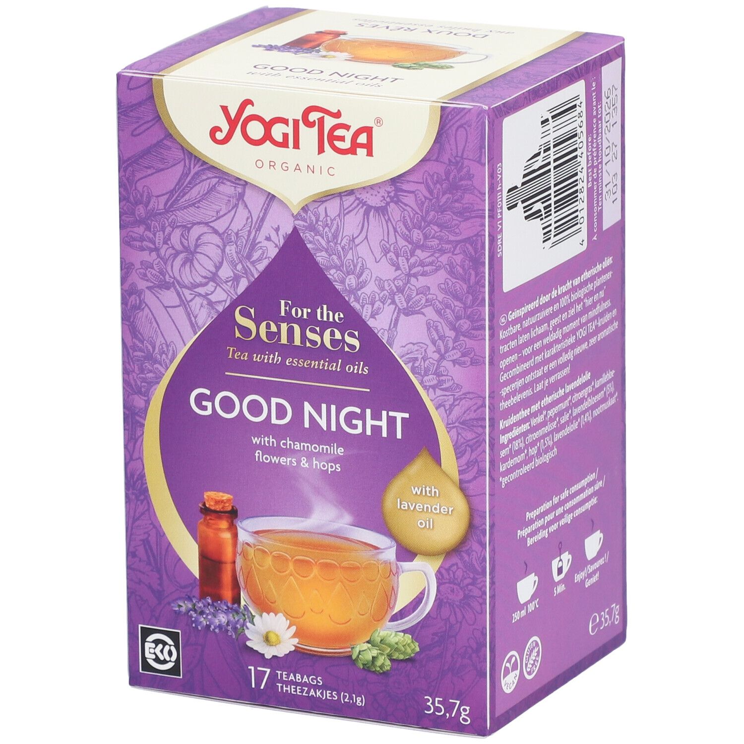 Paarse Yogi Tea® doos. Opschrift: For the Senses, Good Night, 17 zakjes. Kamillebloemen & hop. Met lavendelolie.