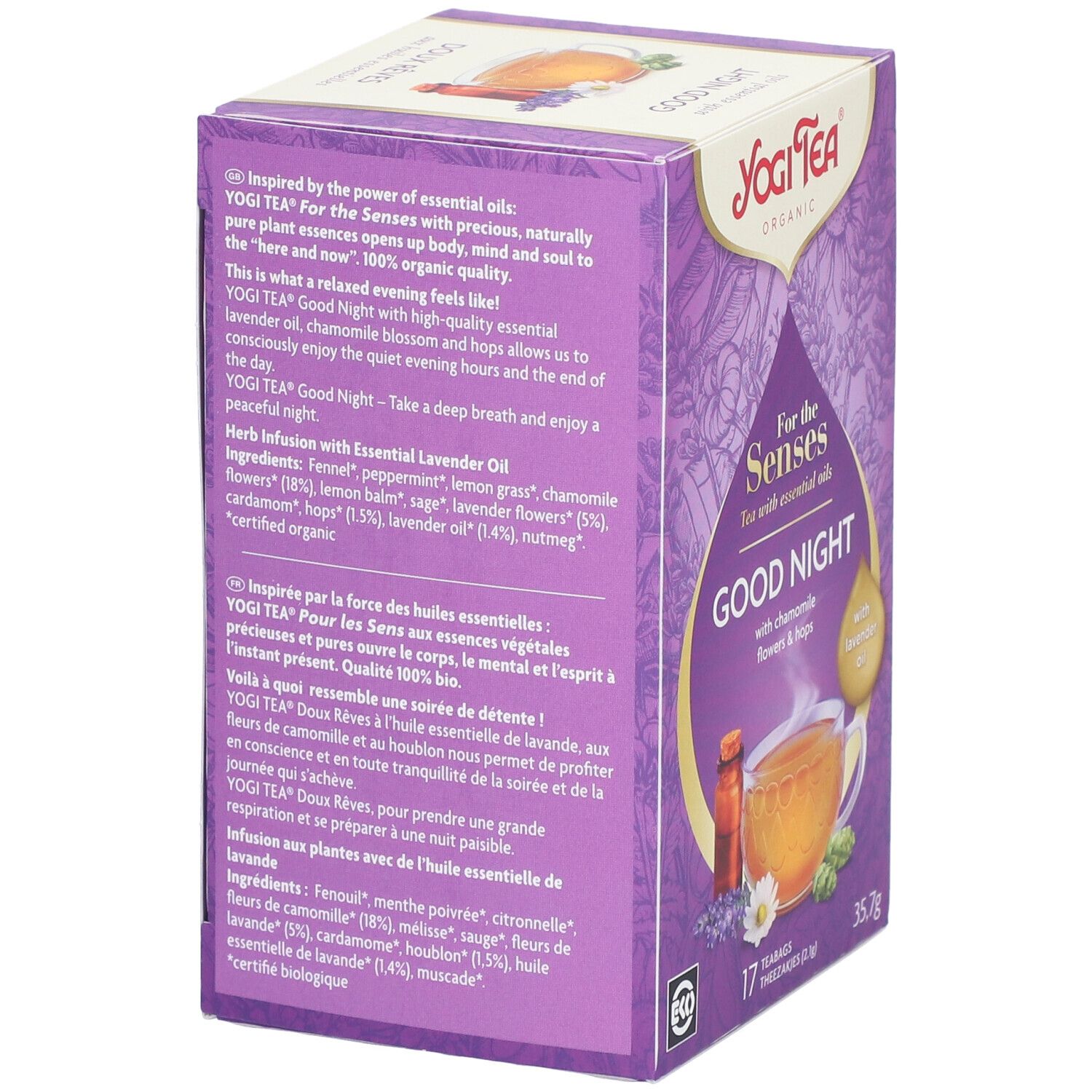Paarse Yogi Tea® doos. Tekst: For the Senses, Good Night. Ingrediënten en bereiding. 17 zakjes, 35,7g.