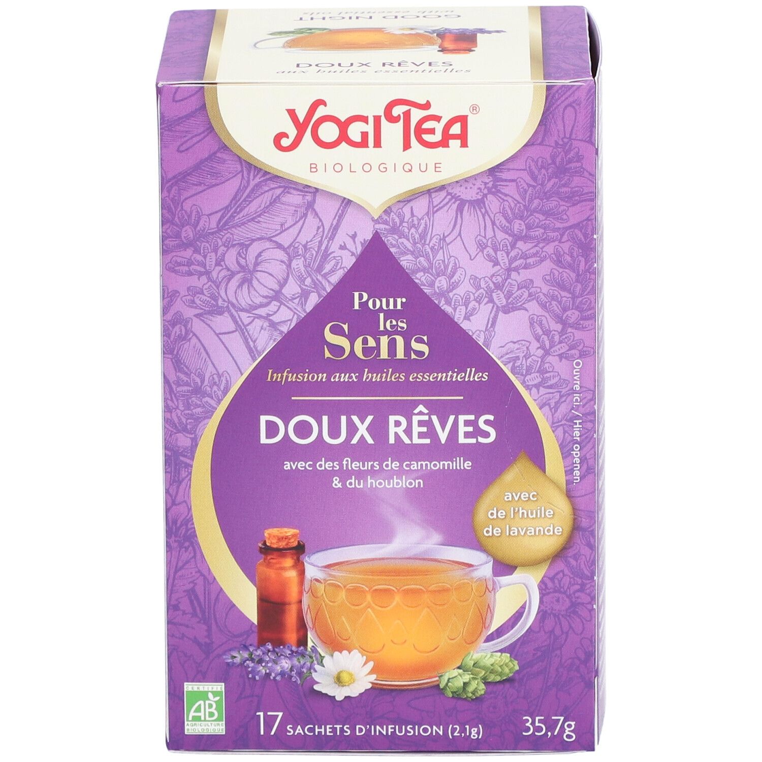 Paarse Yogi Tea® doos. Opschrift: Pour les Sens, Doux Rêves, 17 zakjes. Kamillebloemen & hop. Met lavendelolie.