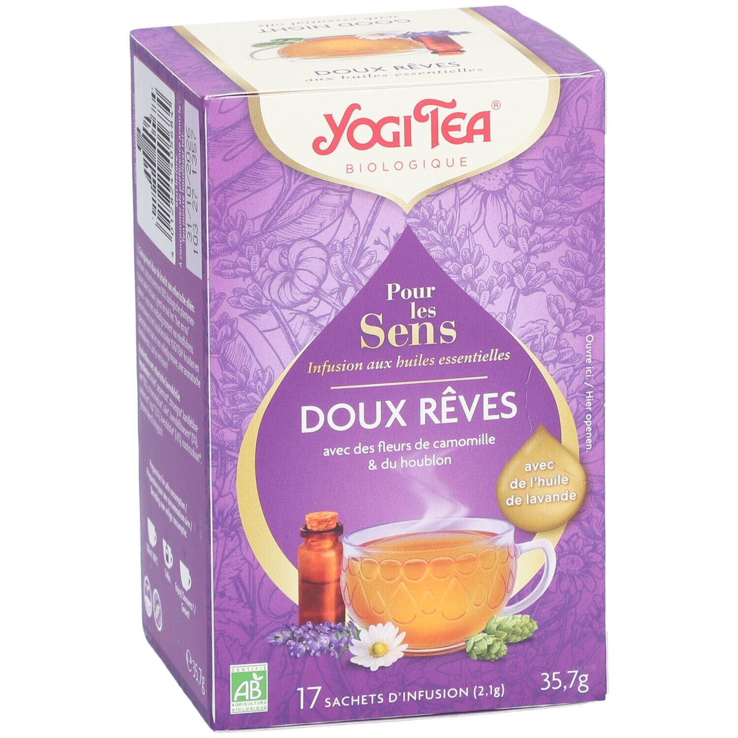 Paarse Yogi Tea® doos. Opschrift: Pour les Sens, Doux Rêves, 17 zakjes. Kamillebloemen & hop. Met lavendelolie.