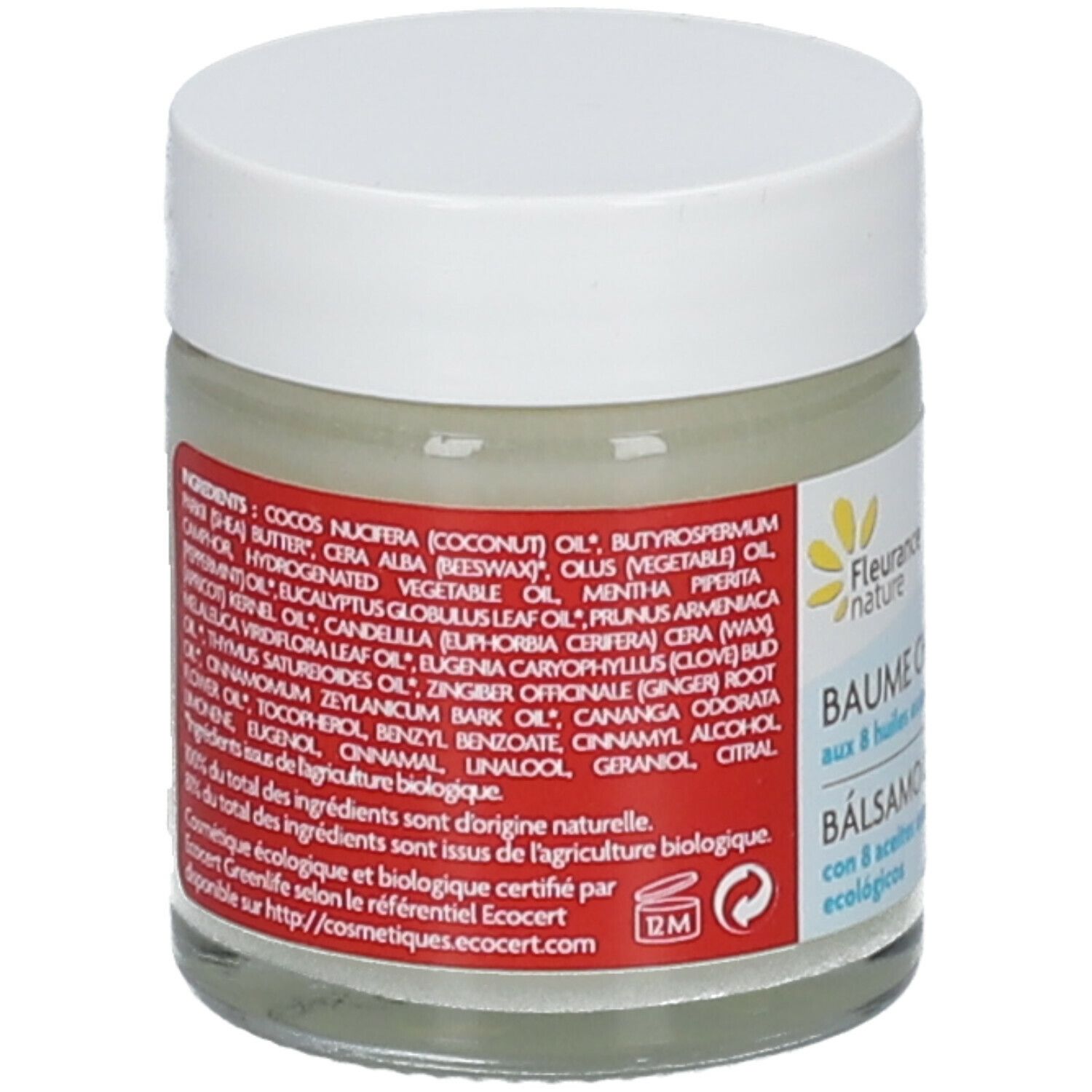 Rückseite des Glases mit Inhaltsstoffliste und Bio-Zertifizierung. Weißer Deckel. Grüner Inhalt.