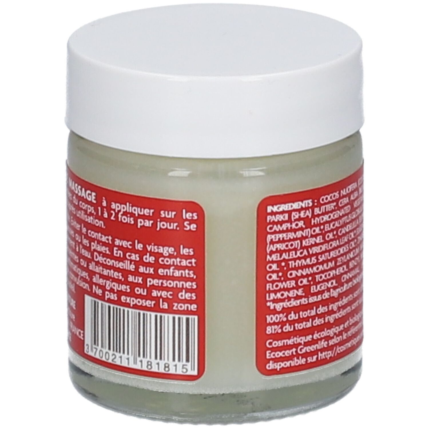 Rückseite des Glases mit Anwendungshinweisen. Weißer Deckel. Grüner Inhalt. Barcode.