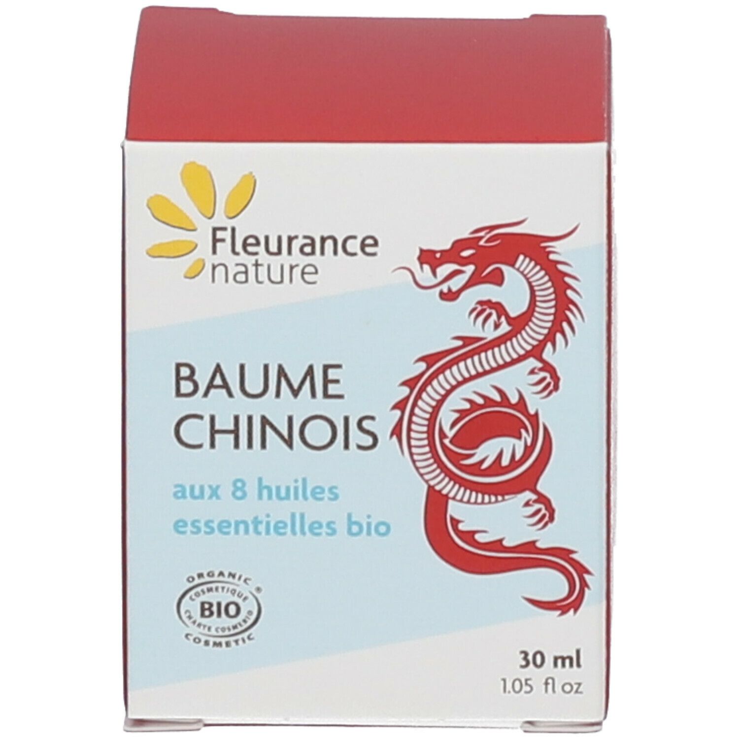 Rote Schachtel mit Produktnamen, Drachenmotiv und Bio-Siegel. 30 ml.