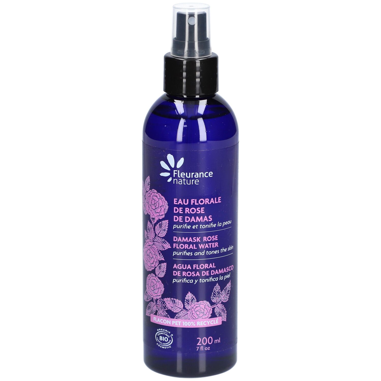Blauwe fles met verstuiver. Opschrift: Eau Florale de Rose de Damas. Bio-certificering.