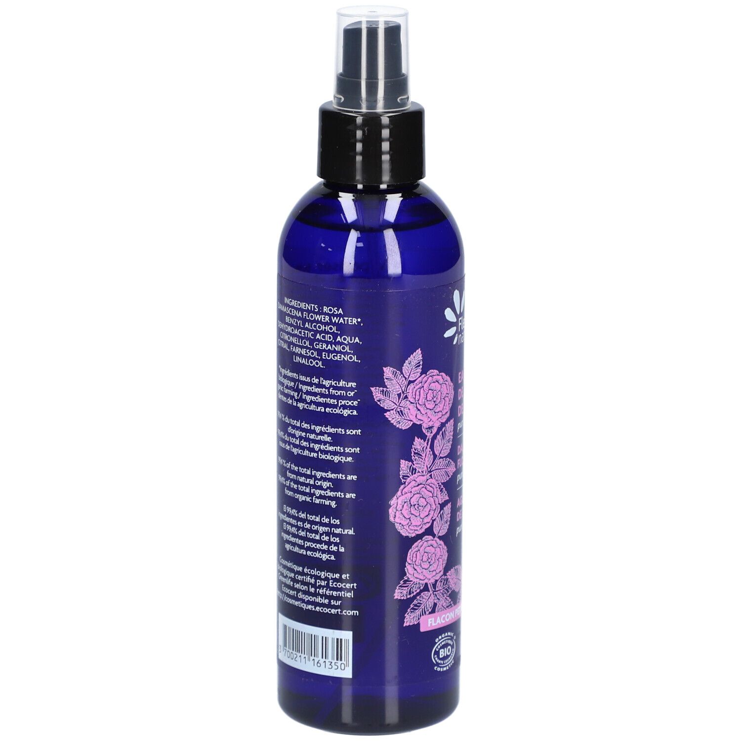 Achterkant van de blauwe fles. Ingrediëntenlijst en Bio-certificering. Bloemenontwerp met rozen.