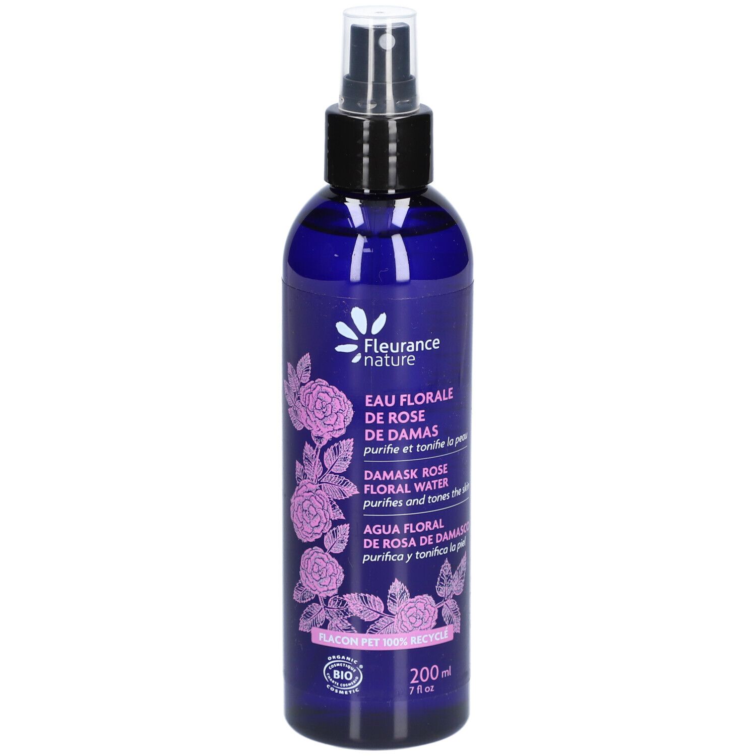 Blauwe fles met verstuiver. Opschrift: Eau Florale de Rose de Damas. Bio-certificering.