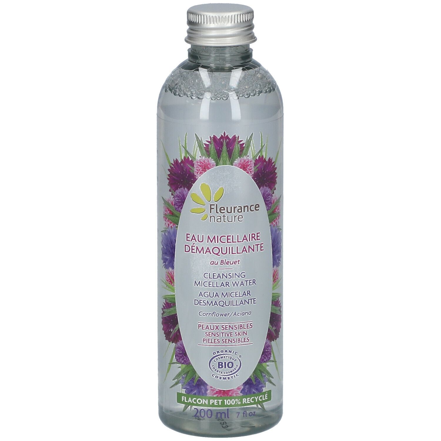 Transparante fles met etiket. Opschrift: Eau Micellaire Démaquillante. Bio-certificering. 200 ml.