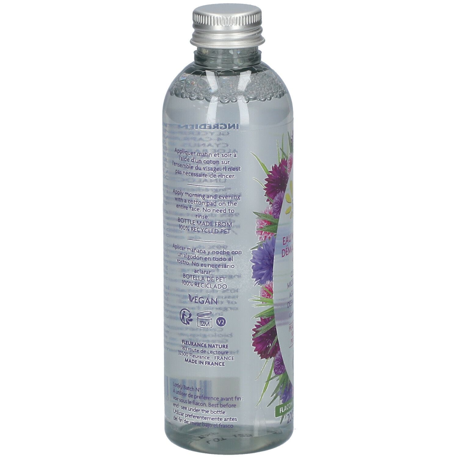 Achterkant van de fles. Tekst: ingrediënten, gebruiksaanwijzing, Vegan-logo, Bio-certificering. Gemaakt in Frankrijk.