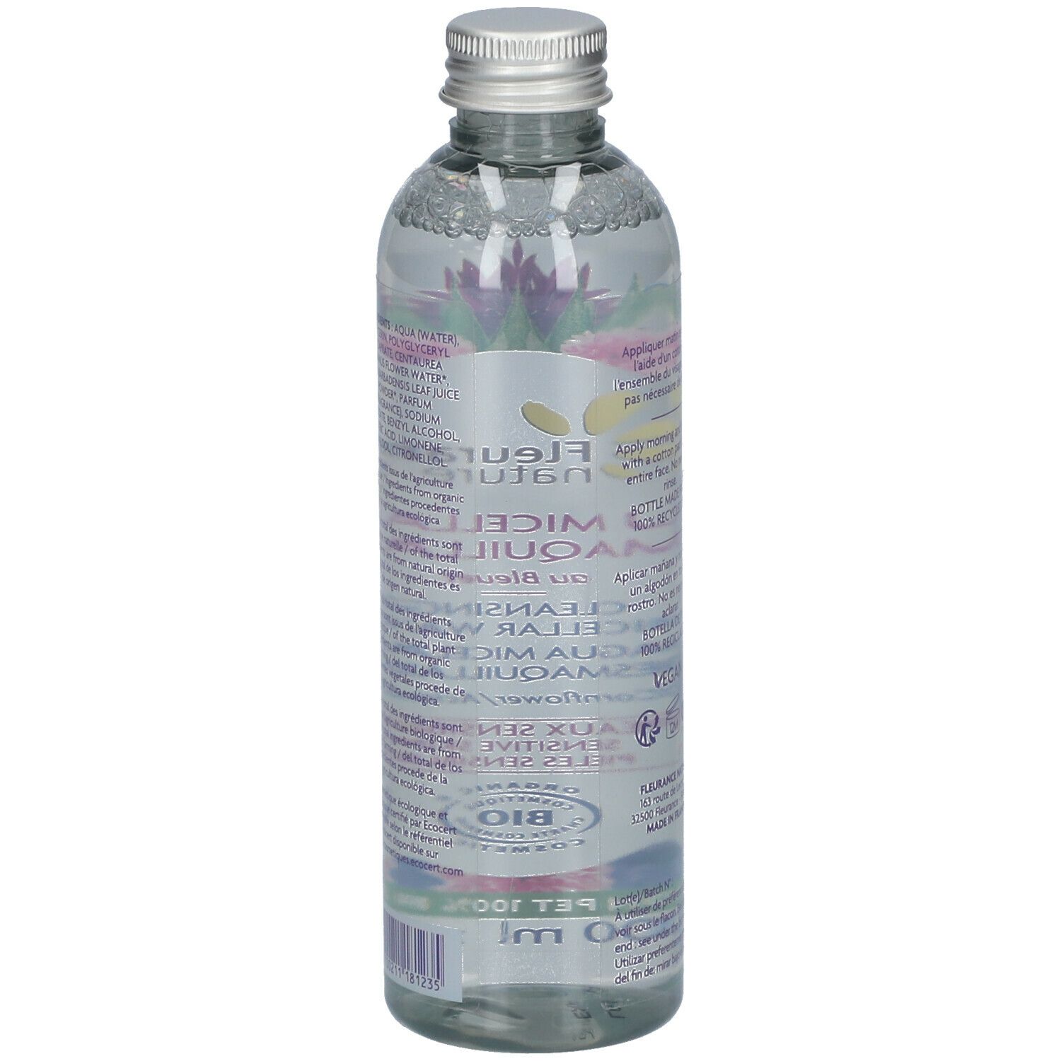 Achterkant van de fles. Tekst: ingrediënten, gebruiksaanwijzing, Vegan-logo, Bio-certificering. Gemaakt in Frankrijk.