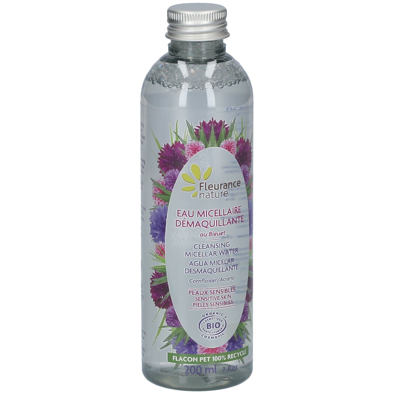 Transparante fles met etiket. Opschrift: Eau Micellaire Démaquillante. Bio-certificering. 200 ml.