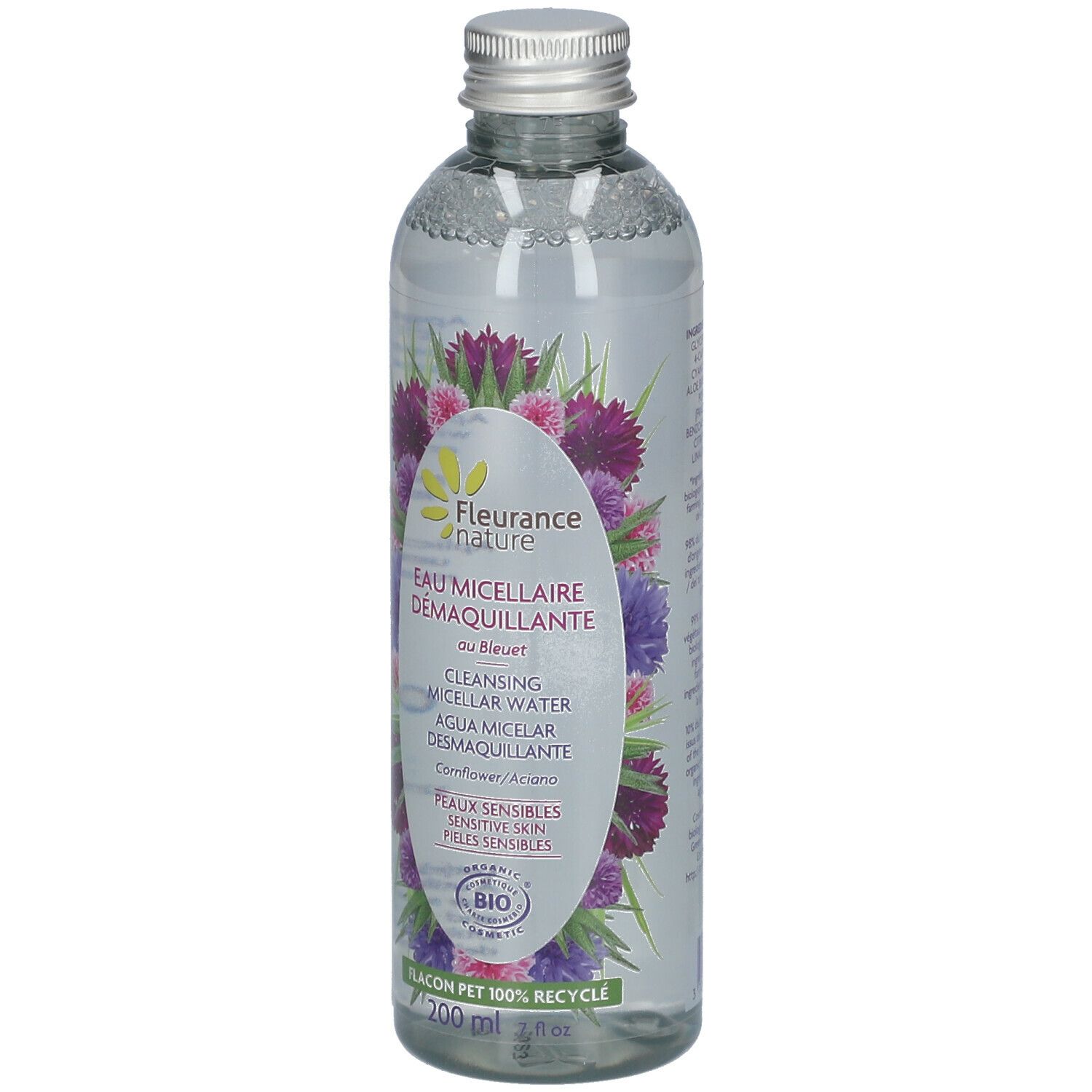 Transparante fles met etiket. Opschrift: Eau Micellaire Démaquillante. Bio-certificering. 200 ml.