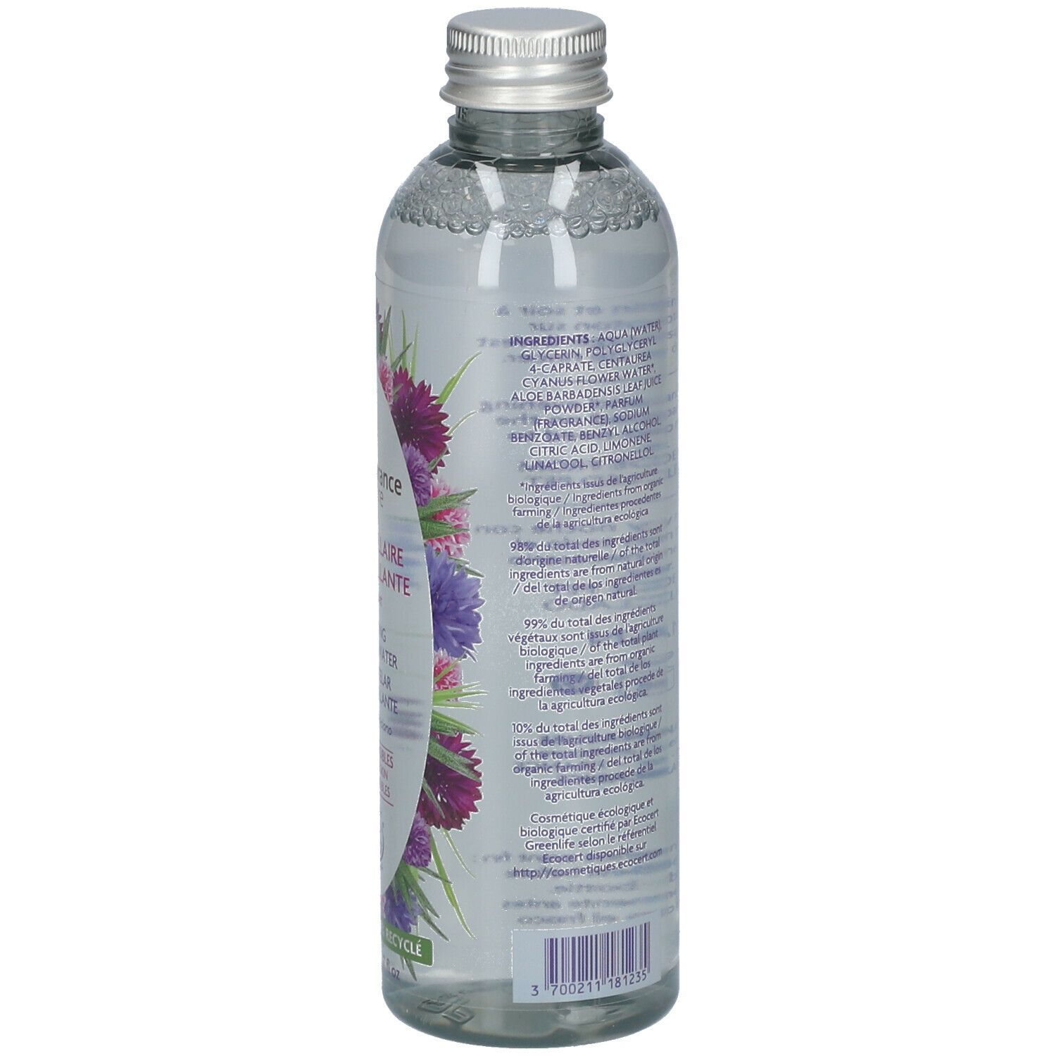 Achterkant van de fles. Tekst: ingrediënten, gebruiksaanwijzing, Vegan-logo, Bio-certificering. Gemaakt in Frankrijk.