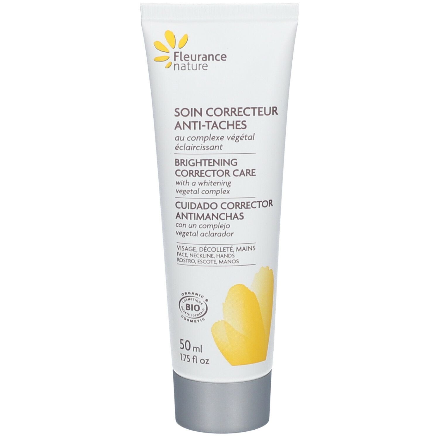 Witte tube met gele opdruk. Tekst: "Soin Correcteur Anti-Taches". Bloemenlogo. Bio-certificering. 50 ml.