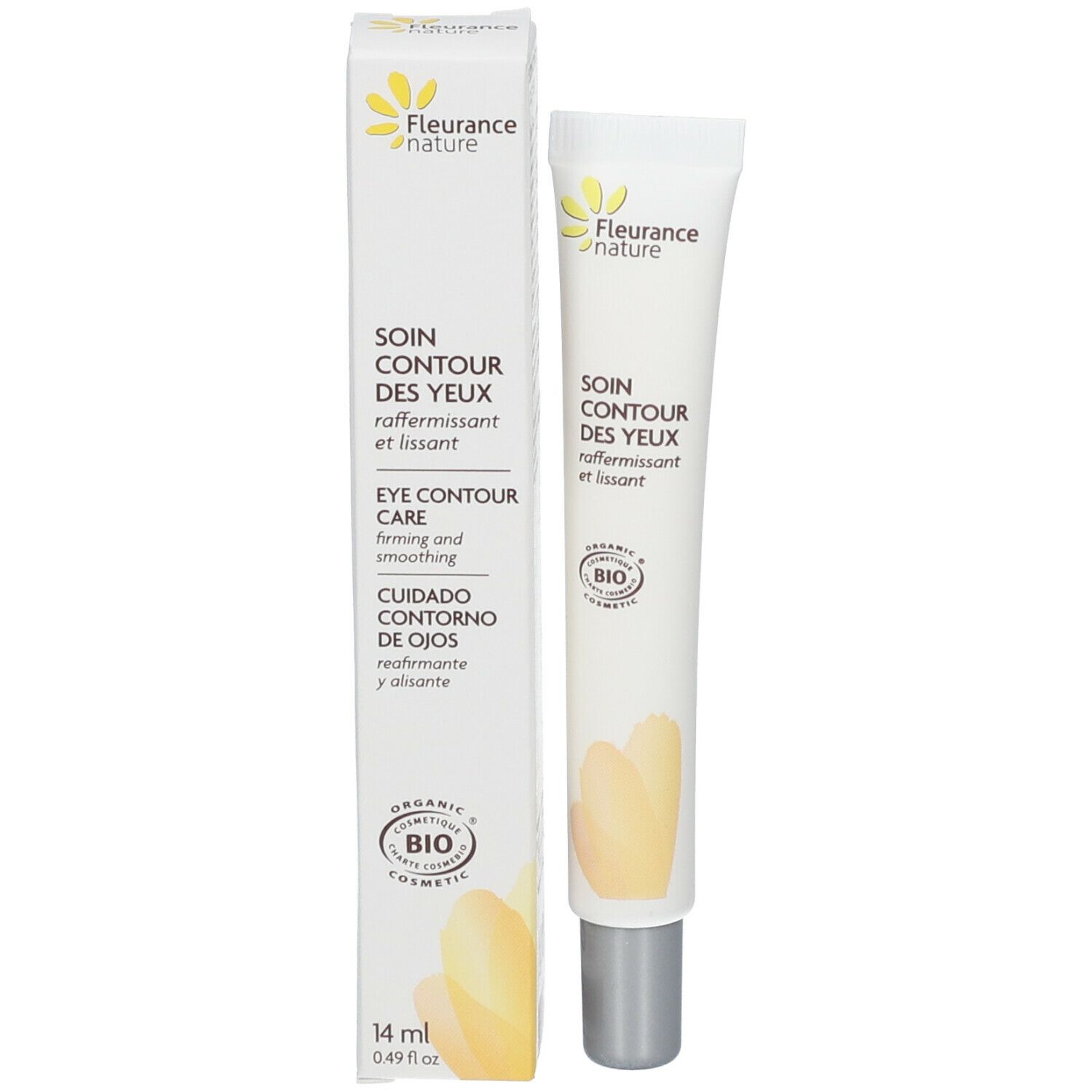 Productverpakking met tube en doos. Opschrift Soin Contour des Yeux. Bio-certificering.