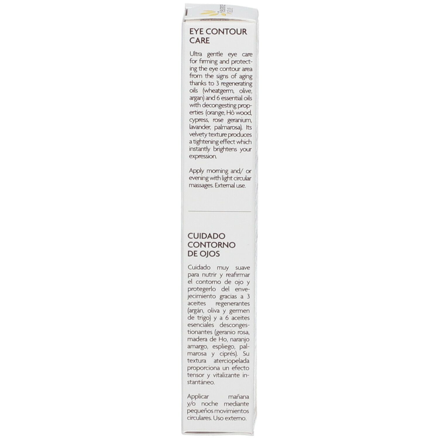 Doos met tekst Eye Contour Care. Ingrediënten en gebruiksaanwijzing. Tekst in Engels en Spaans.