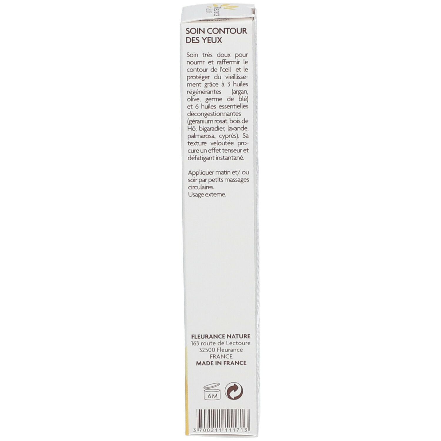 Doos met tekst Soin Contour des Yeux. Gebruiksaanwijzing. Gemaakt in Frankrijk.