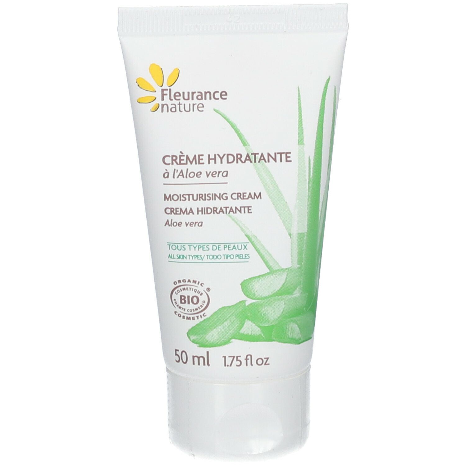 Tube de crème avec logo et texte. "Crème Hydratante à l'Aloe vera". Certification bio. Illustration d'aloe vera.